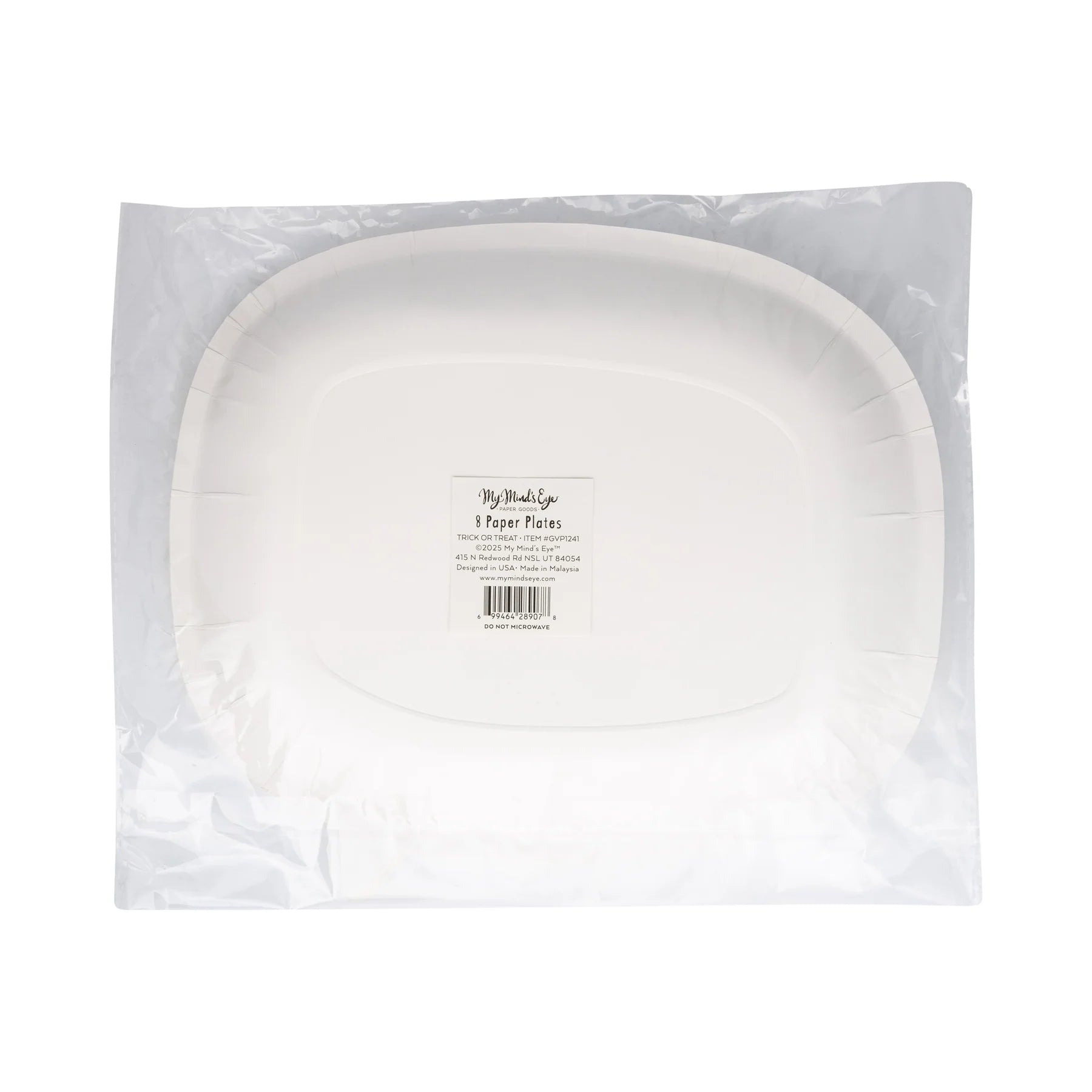 Back view of packaged plates illustrating curved bubble outline and generous serving area before printing—underscores plate size and shape.