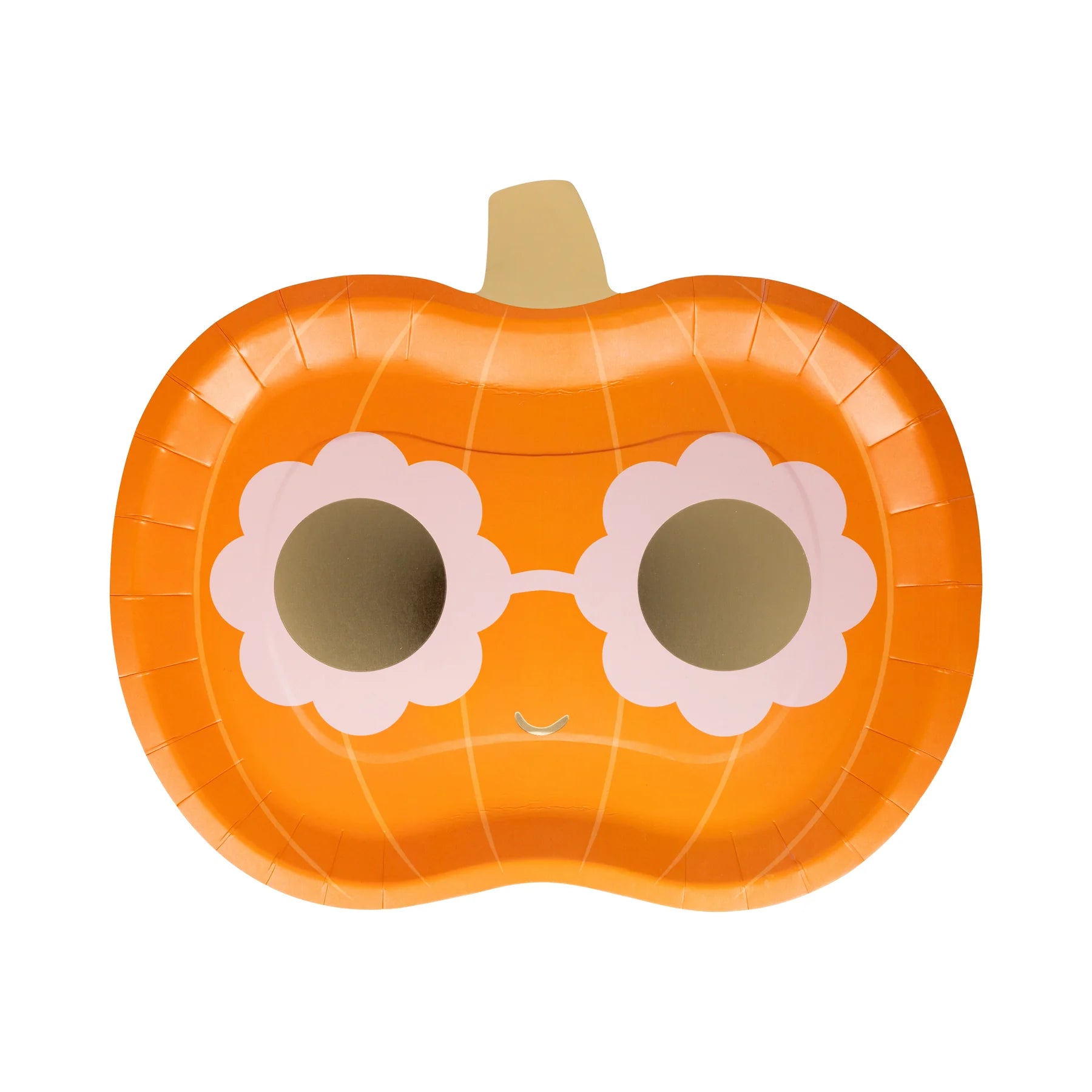 Isolated product shot of a groovy Halloween paper plate shaped like a bright orange pumpkin (approx. 11 × 9 in.). The whimsical design shows retro pink daisy-shaped sunglasses with shiny gold-foil lenses, a subtle smile, soft pumpkin ridges, and a gold-foil stem—eye-catching disposable tableware perfect for funky Halloween paper plates place settings, treat tables, classroom parties, or fall bake-sale goodies.