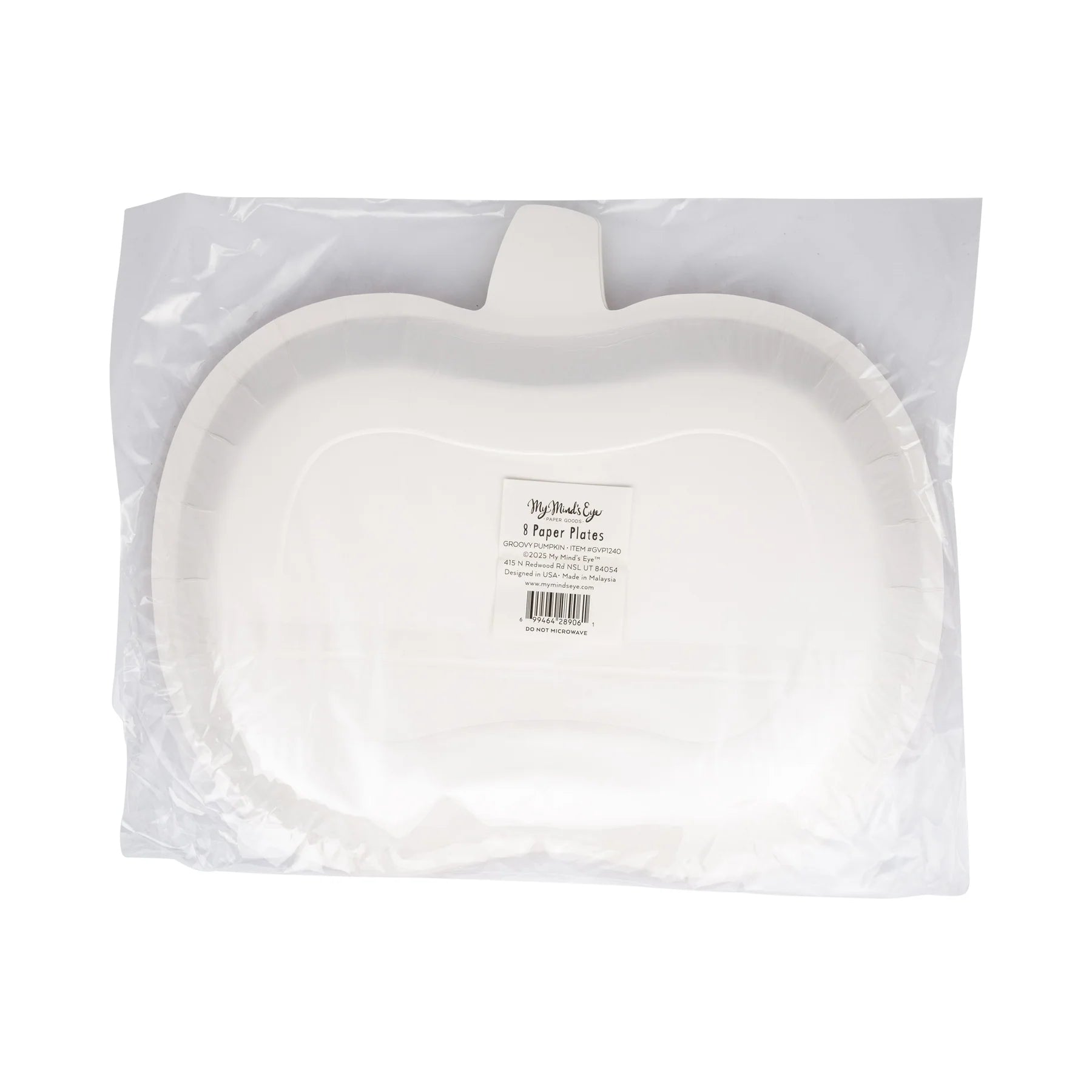 Back of Groovy Pumpkin paper plate pack showing barcode on plain white pumpkin shape in clear plastic wrap.
