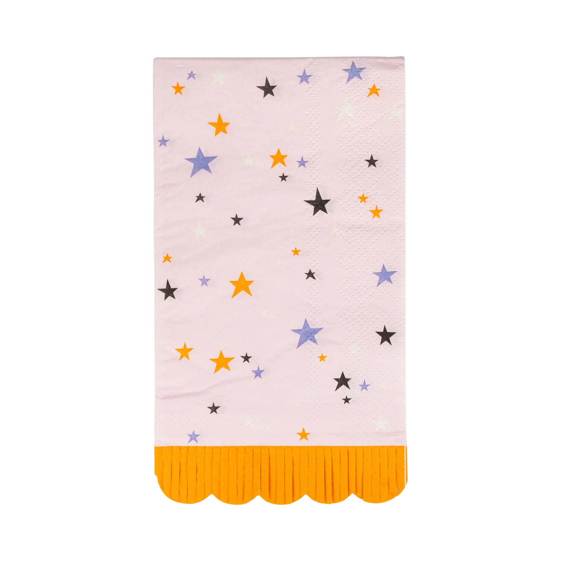 Isolated Groovy Stars halloween dinner napkin unfolded: pink background, purple-orange-black star confetti, and playful golden-orange fringed scallop.
