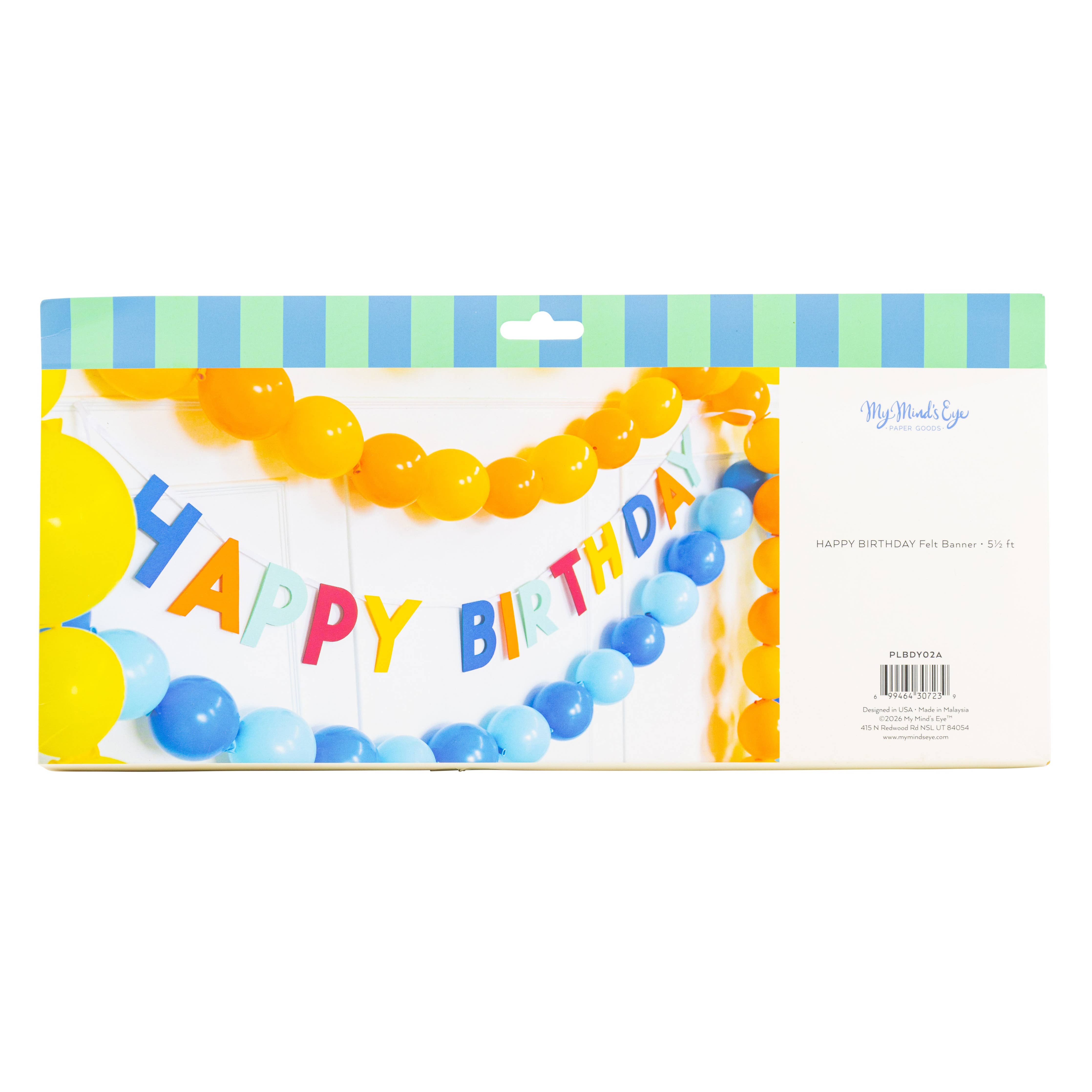 Retail packaging for the 5.5 foot Happy Birthday felt banner showing the bright colors and product specs.