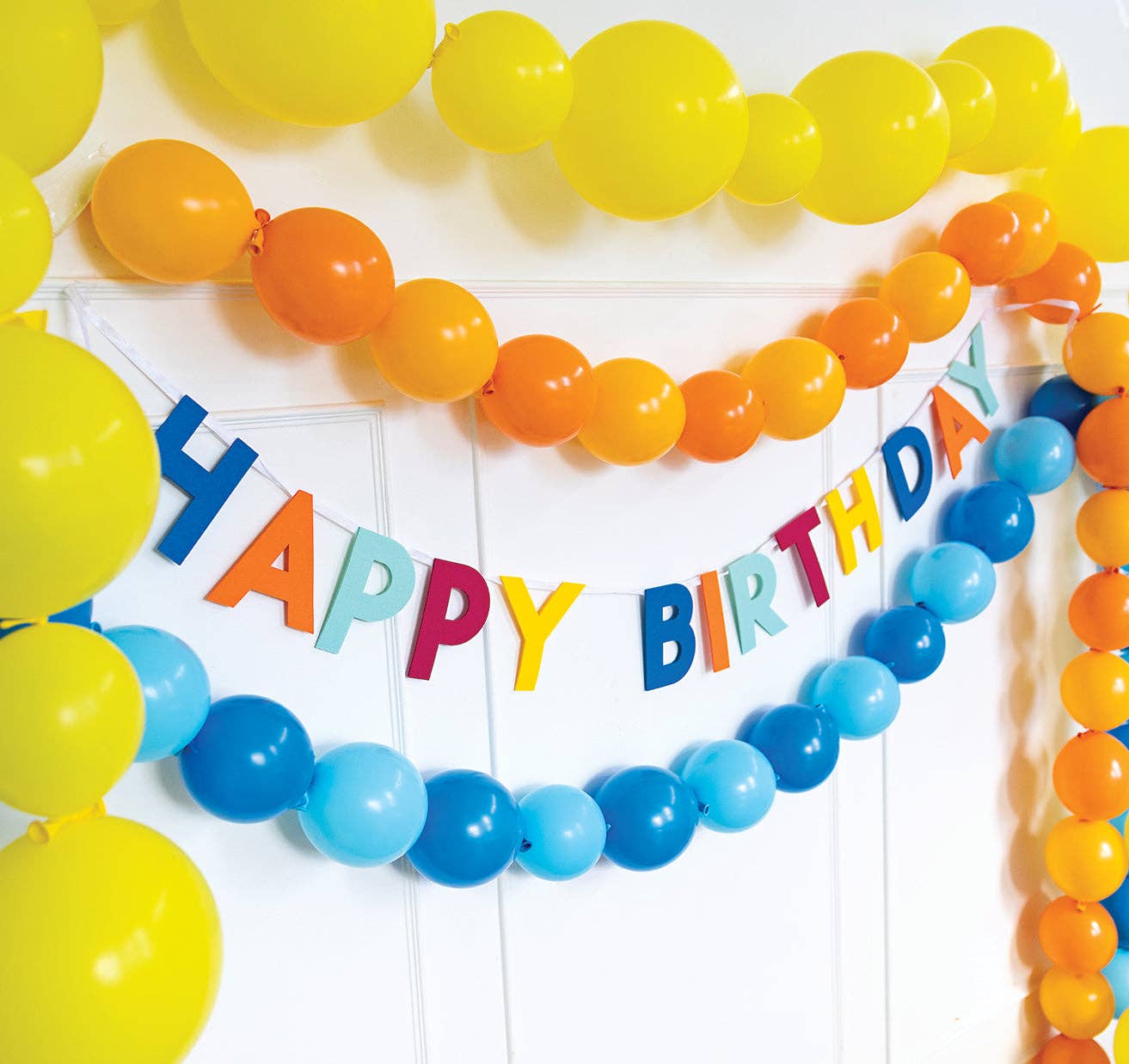 A Happy Birthday felt banner hanging on a white wall surrounded by bright yellow, orange, and blue balloon garlands.