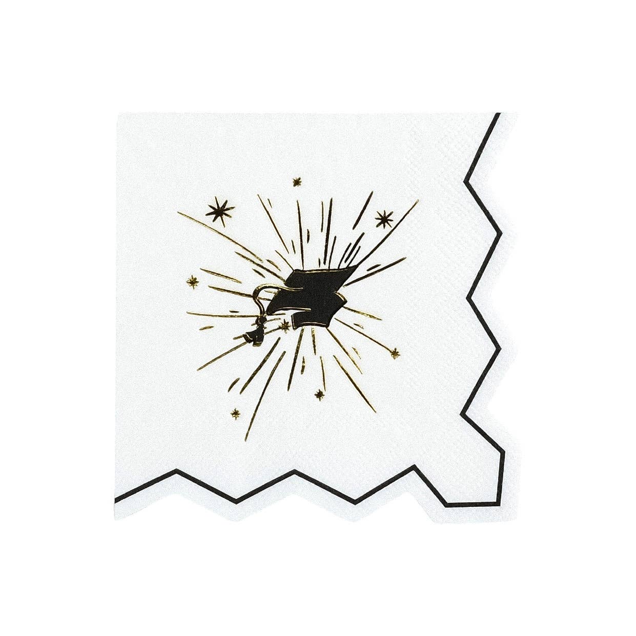 A single white die-cut grad cap napkin with a black border and a shimmering gold foil starburst.
