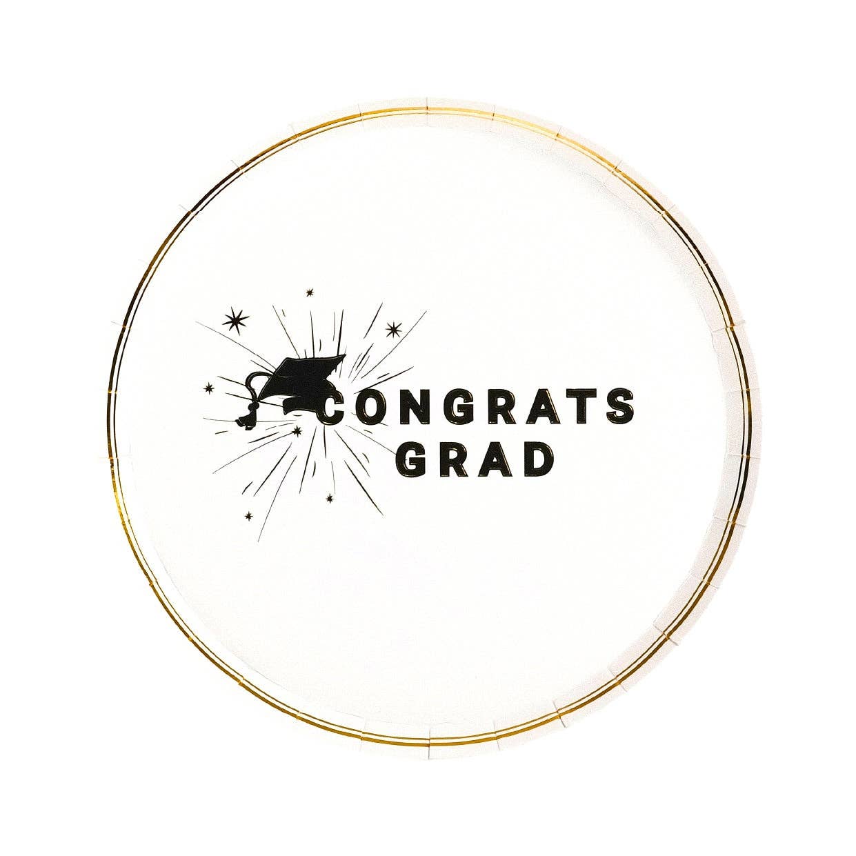 A single white paper plate with a gold foil rim and Congrats Grad lettering for a Dark Academia Chic celebration.