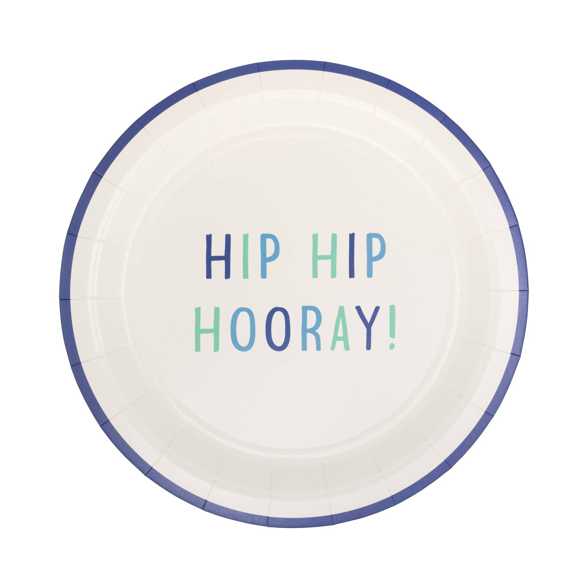 Single Hip Hip Hooray 9" paper plate showing navy, teal, and seafoam lettering on warm cream base with navy border rim