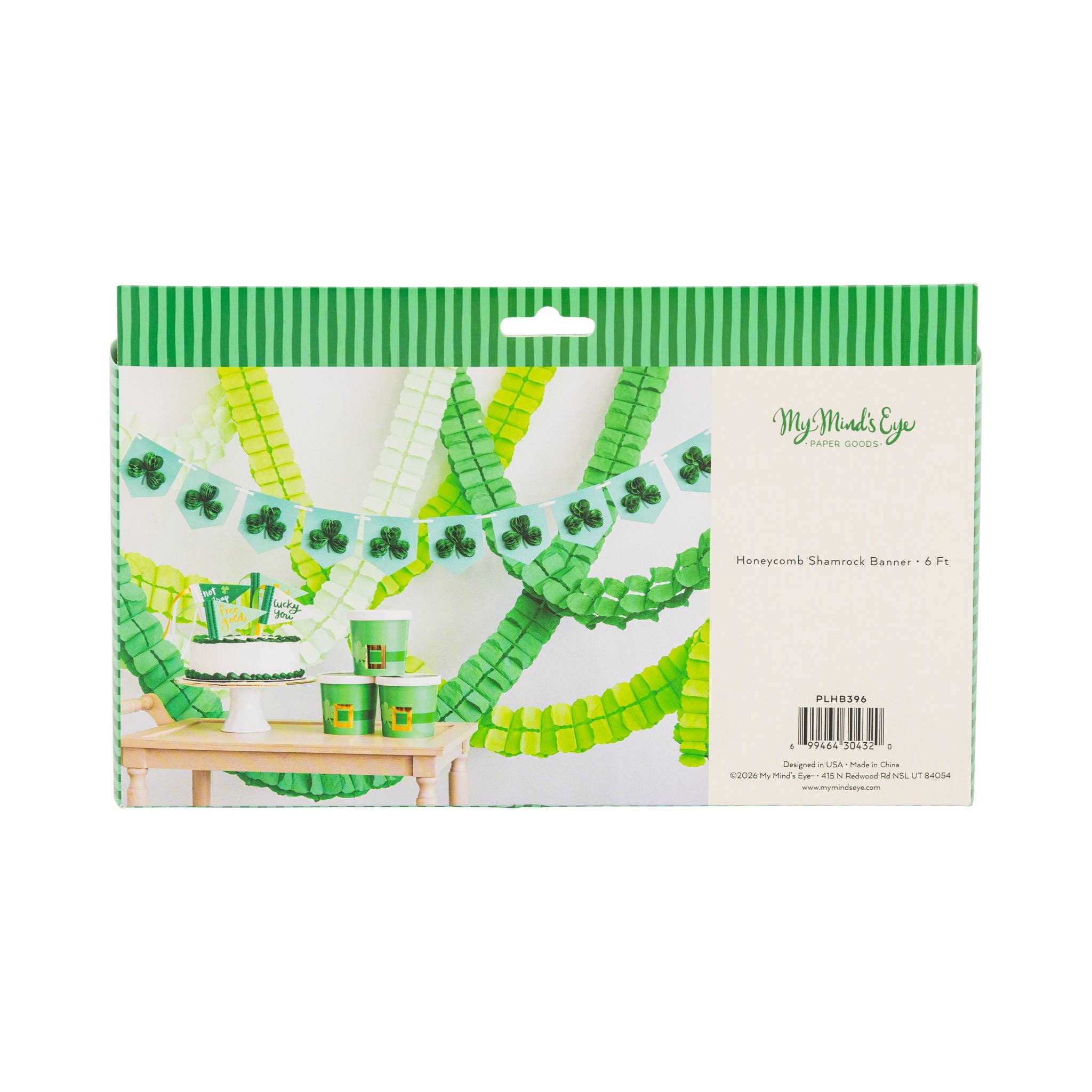Back of honeycomb shamrock banner packaging showing styled party display