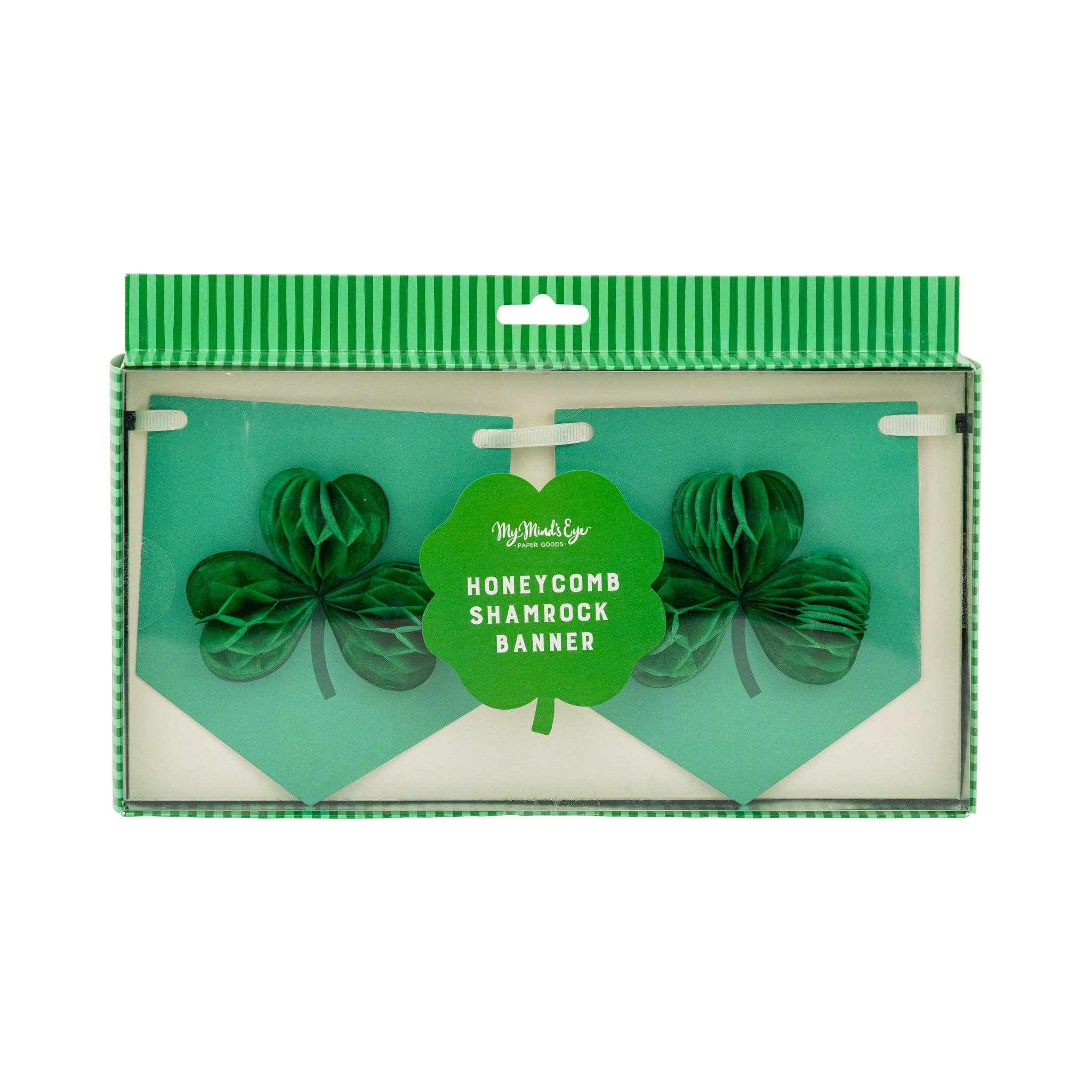 Packaged honeycomb shamrock banner with shamrock-shaped decorations visible