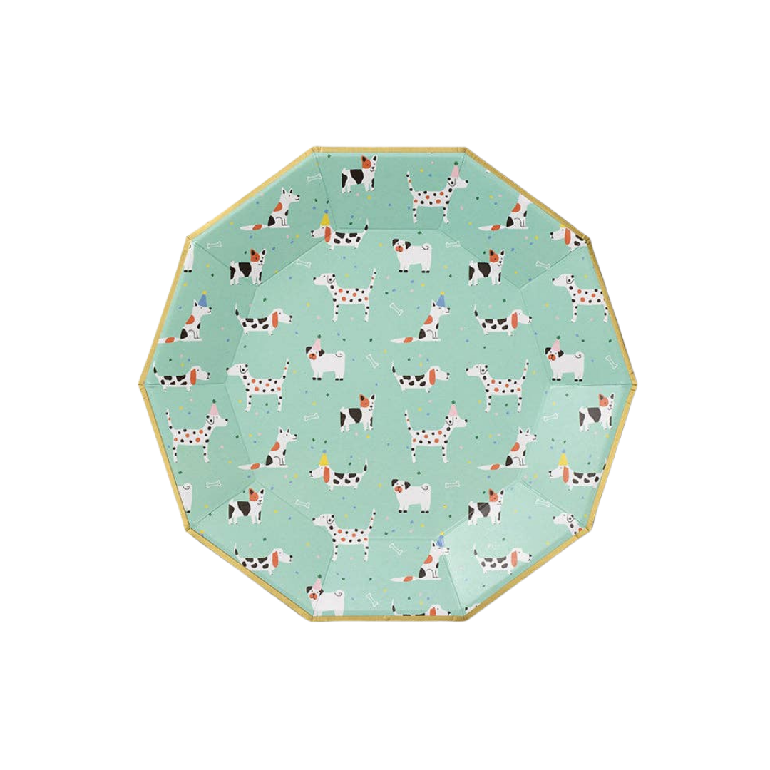 Hot Diggity Dog large paper plate with dog illustrations on mint background.