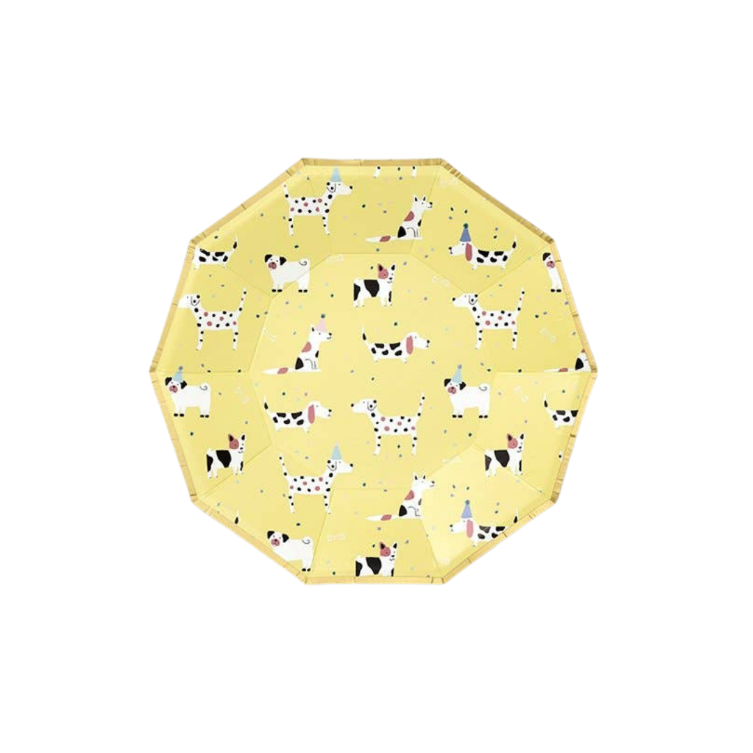 Yellow dog themed small paper party plate with playful puppy design