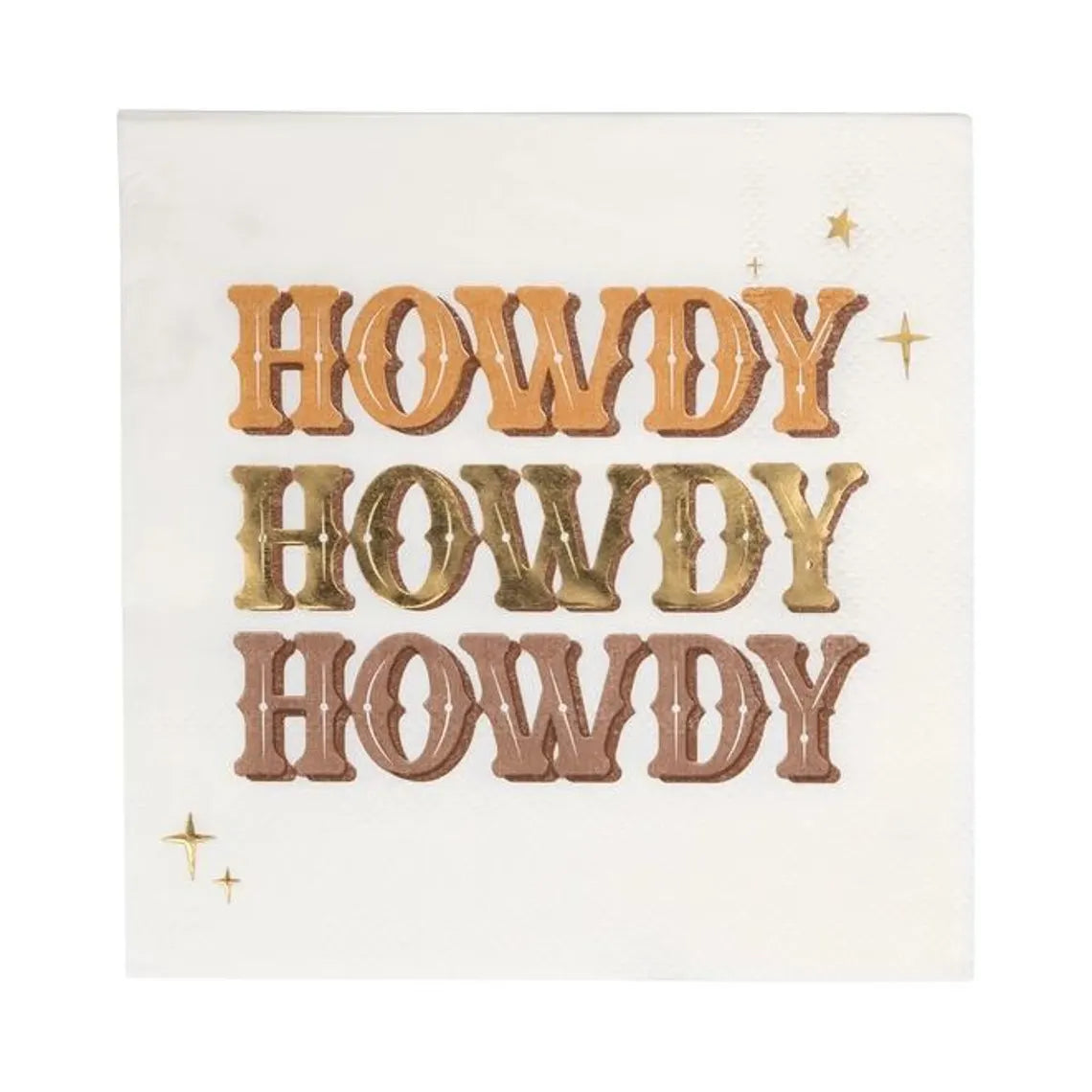 Single square napkin laid flat, showing multicolored HOWDY lettering and metallic star accents.