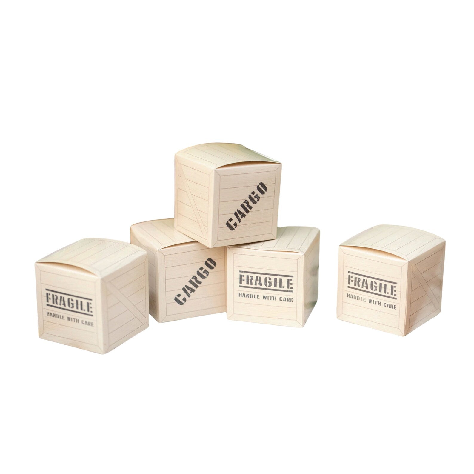 Close-up of cargo and fragile-labeled treat boxes perfect for a Safari Themed Party.