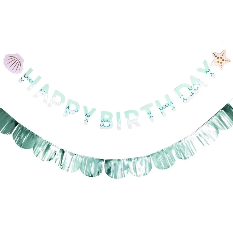 Two-piece mermaid birthday banner set featuring an aqua foil 'Happy Birthday' sign with wave details, pastel seashell, starfish, and matching shiny aqua fringe garland