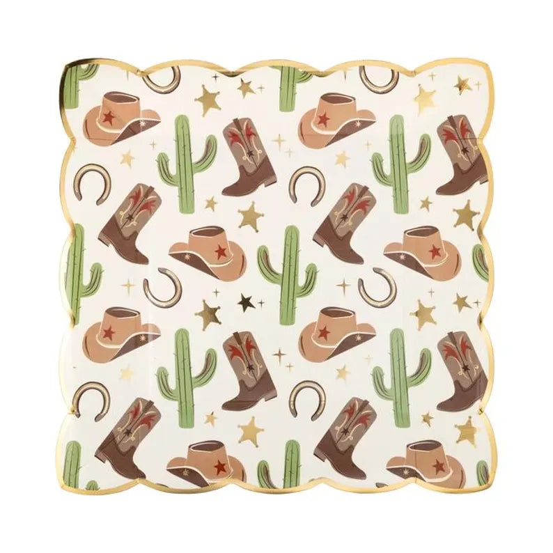 Single square cream plate with all‑over western icons—hats, boots, cacti, horseshoes, stars—gold scalloped edge.