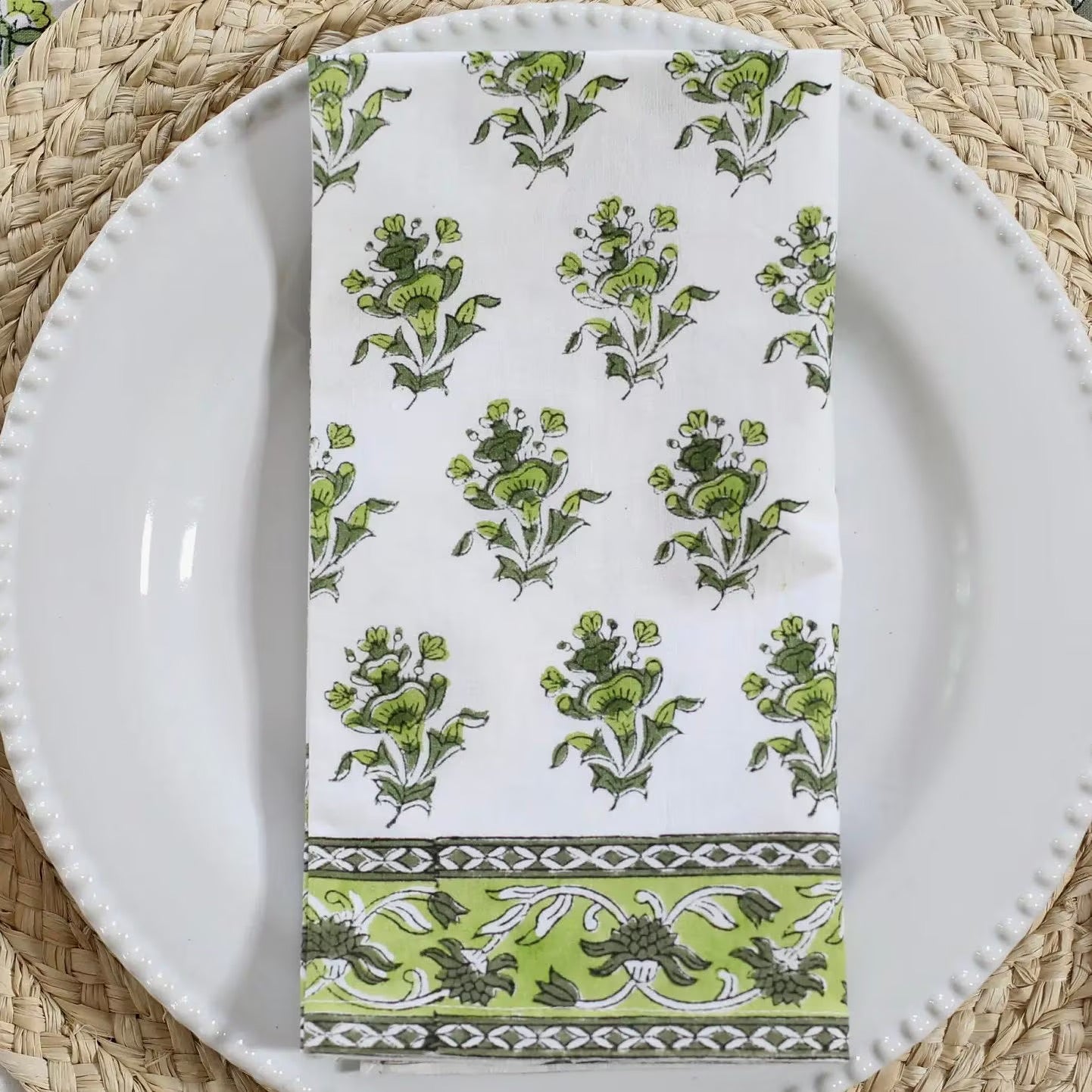 Gayatri Buti Olive Green Floral Napkins, Set of 4