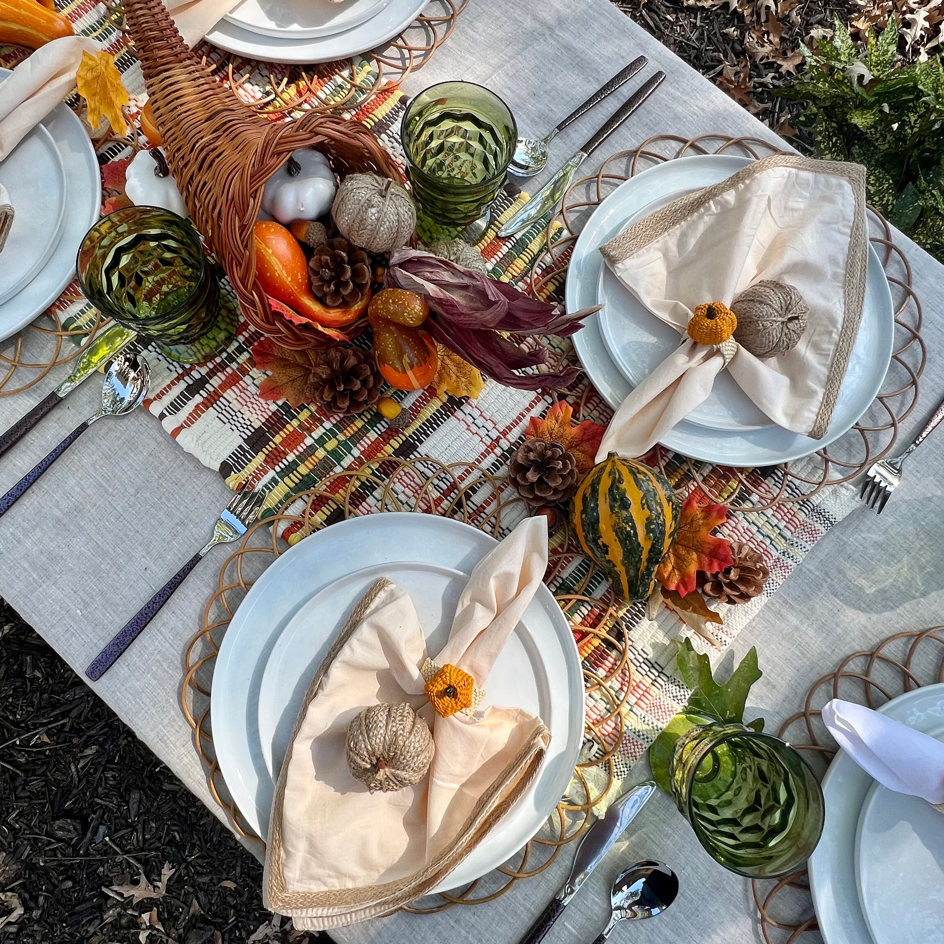 Brown, Orange and Cream Thanksgiving Table Runner on a Thanksgiving Tablescape.