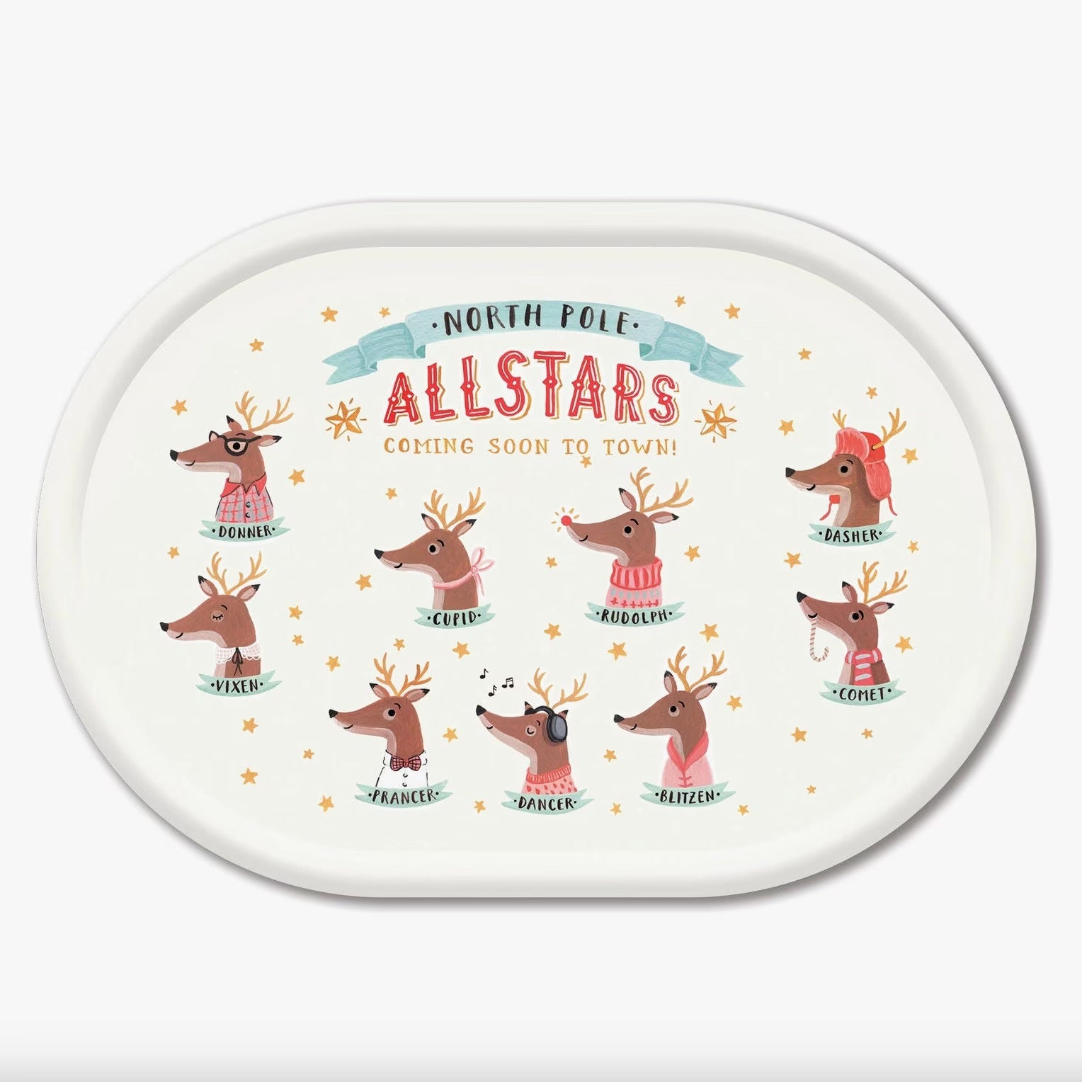 Christmas serving tray featuring Santa's reindeer.