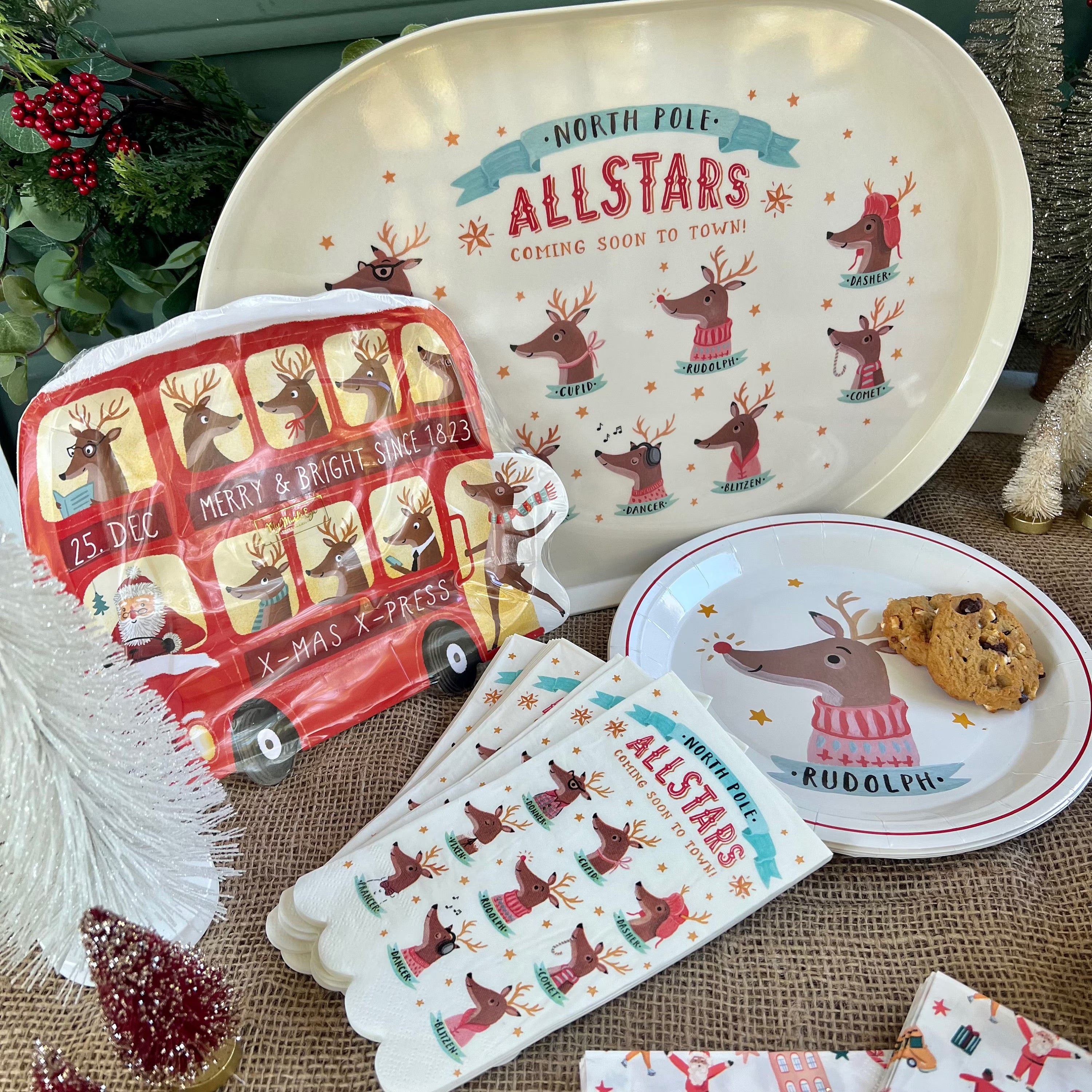 Christmas paper plates featuring Santas reindeers.