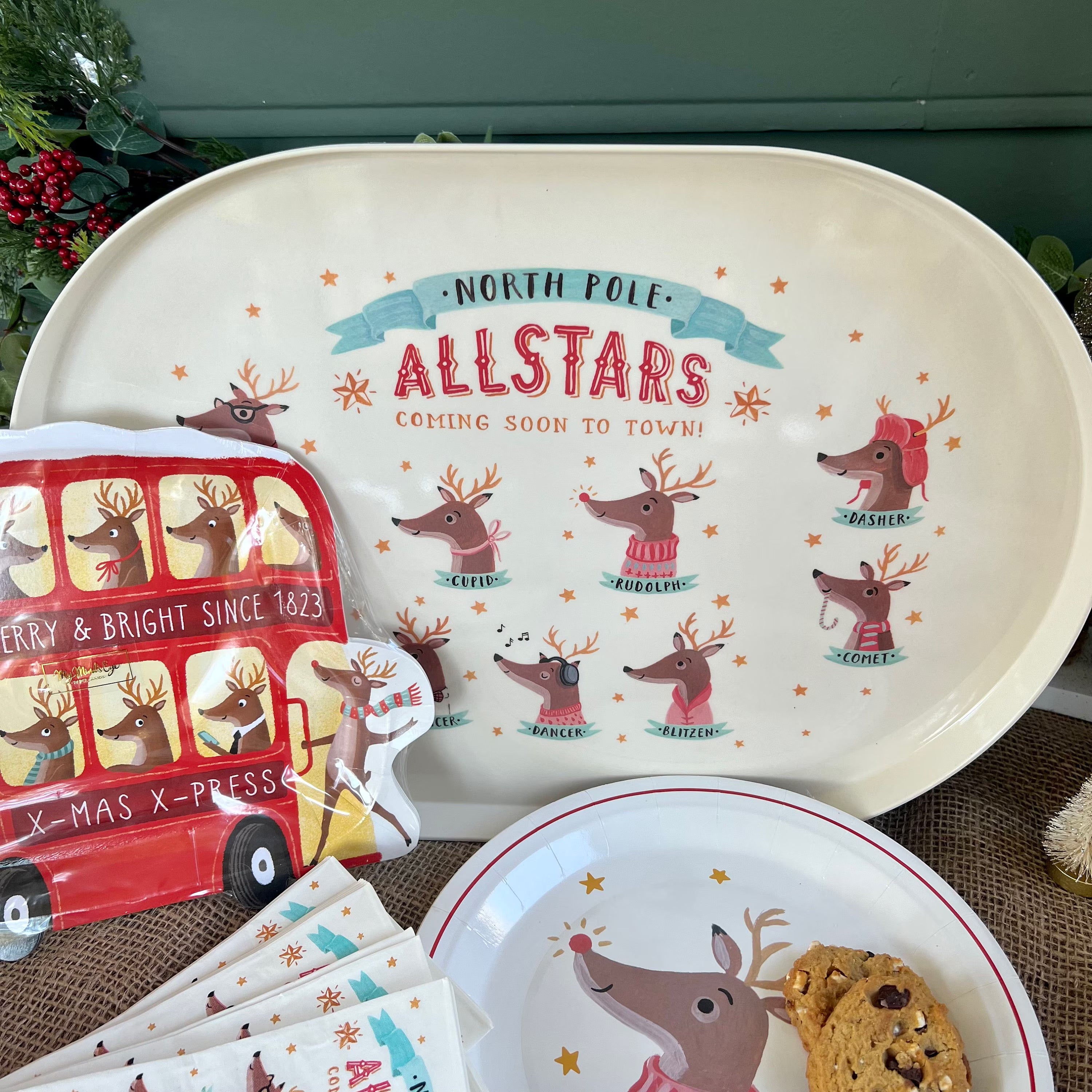 Christmas serving tray featuring Santa's reindeer.