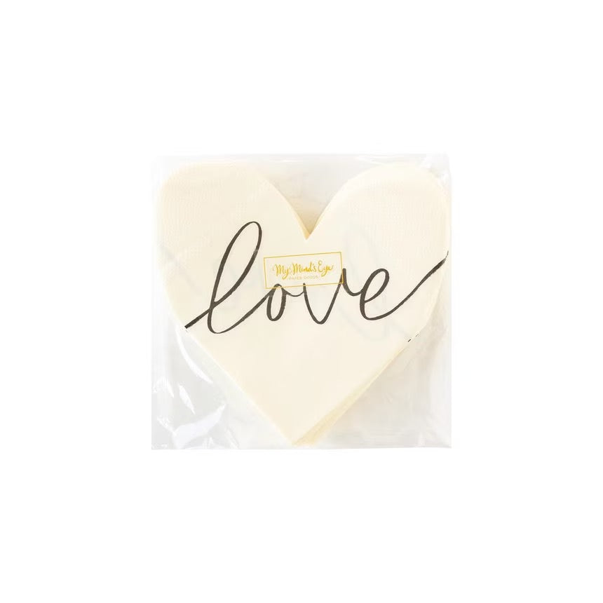 White heart-shaped napkins with black cursive love across the napkin - perfect for an anniversary party, a bridal shower or valentines day