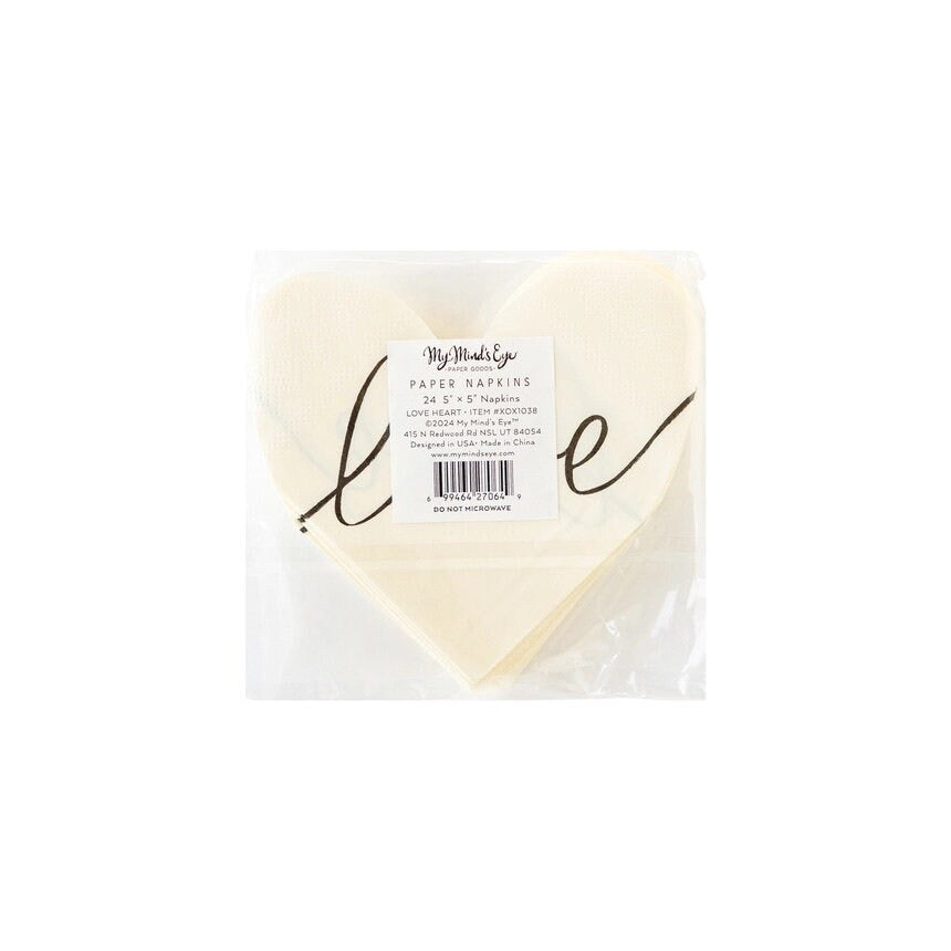White heart-shaped napkins with black cursive love across the napkin - perfect for an anniversary party, a bridal shower or valentines day
