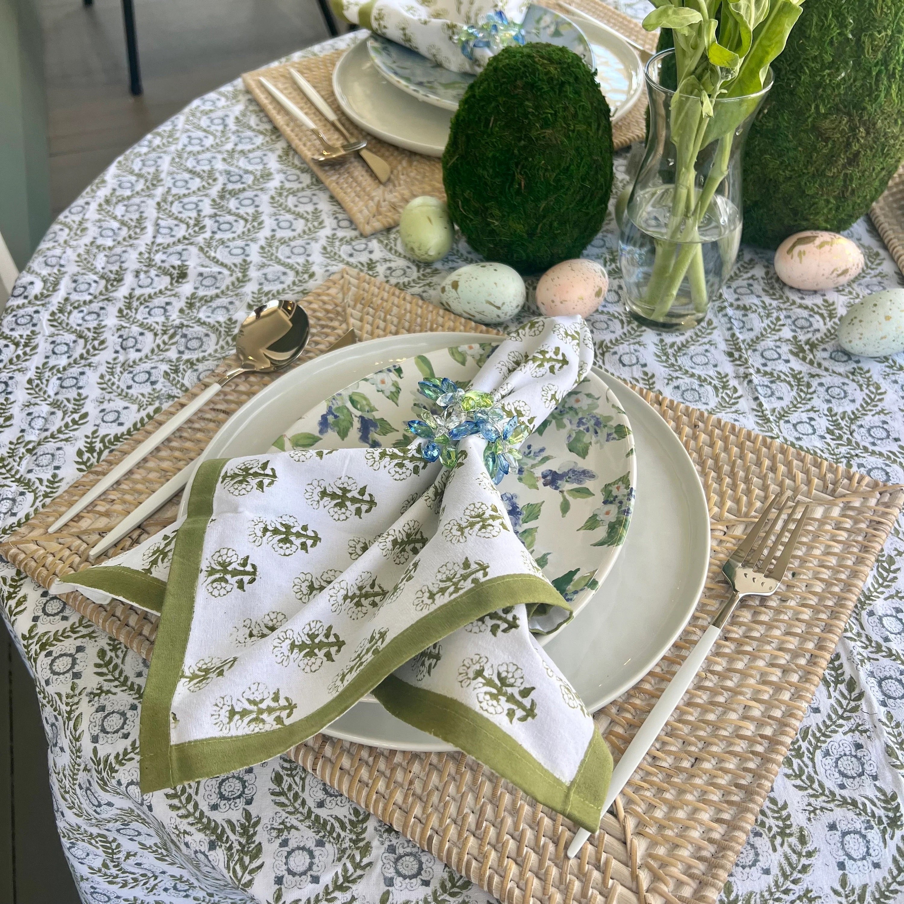 Moss green eggs for spring table decorations or an Easter tablescape.