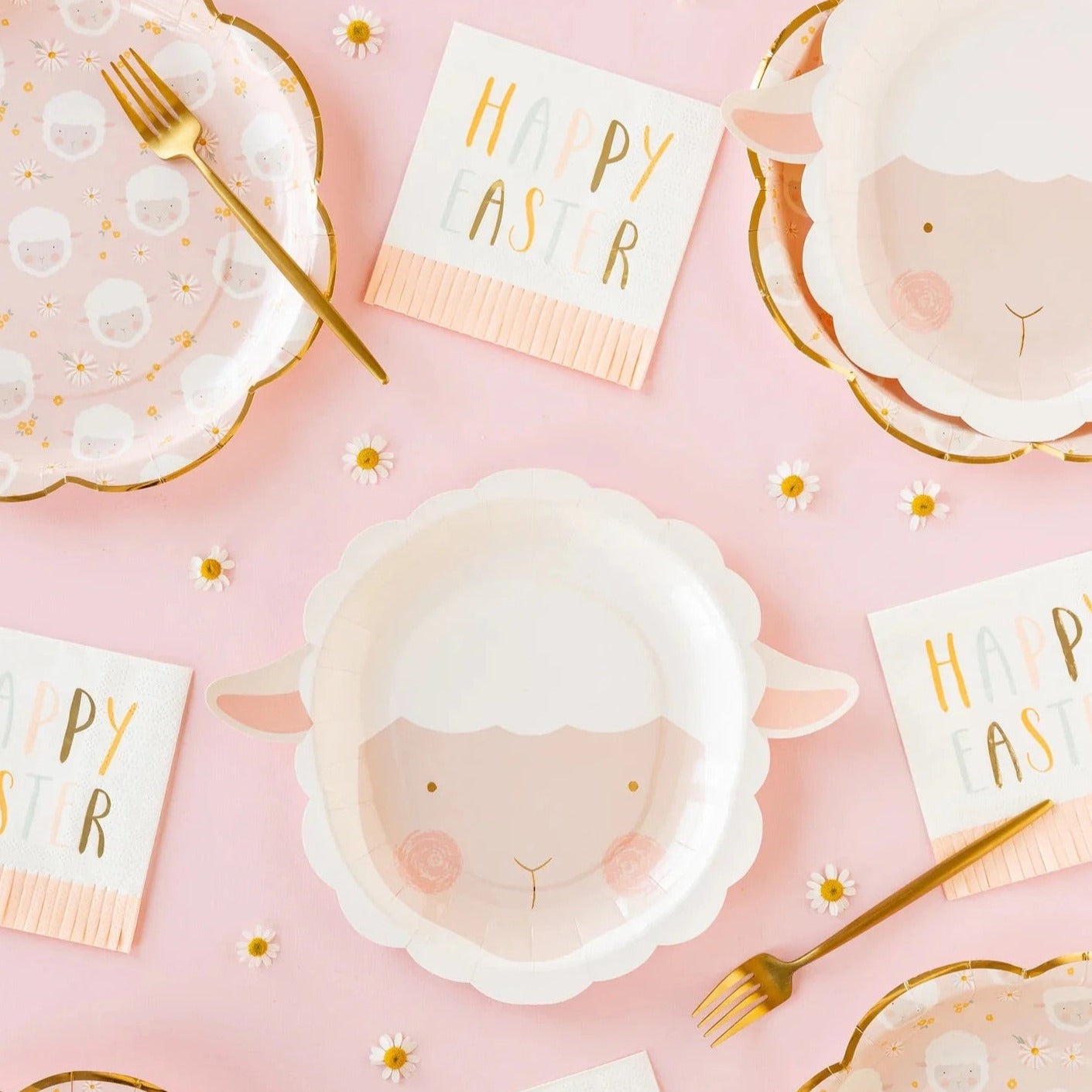 Happy Easter Napkins with pink pastel fringe.