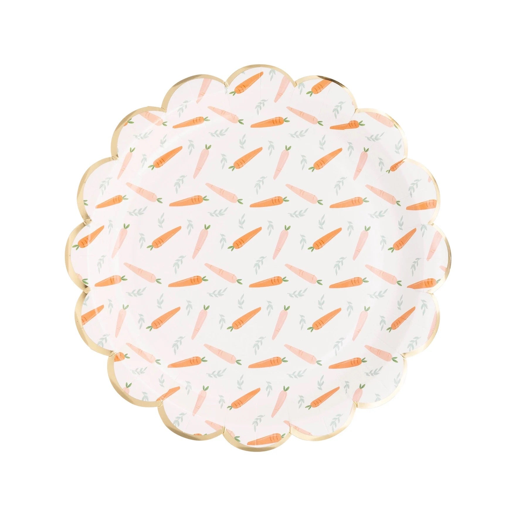 Paper Easter plates with scalloped edges and a carrot design - perfect for an Easter party or brunch