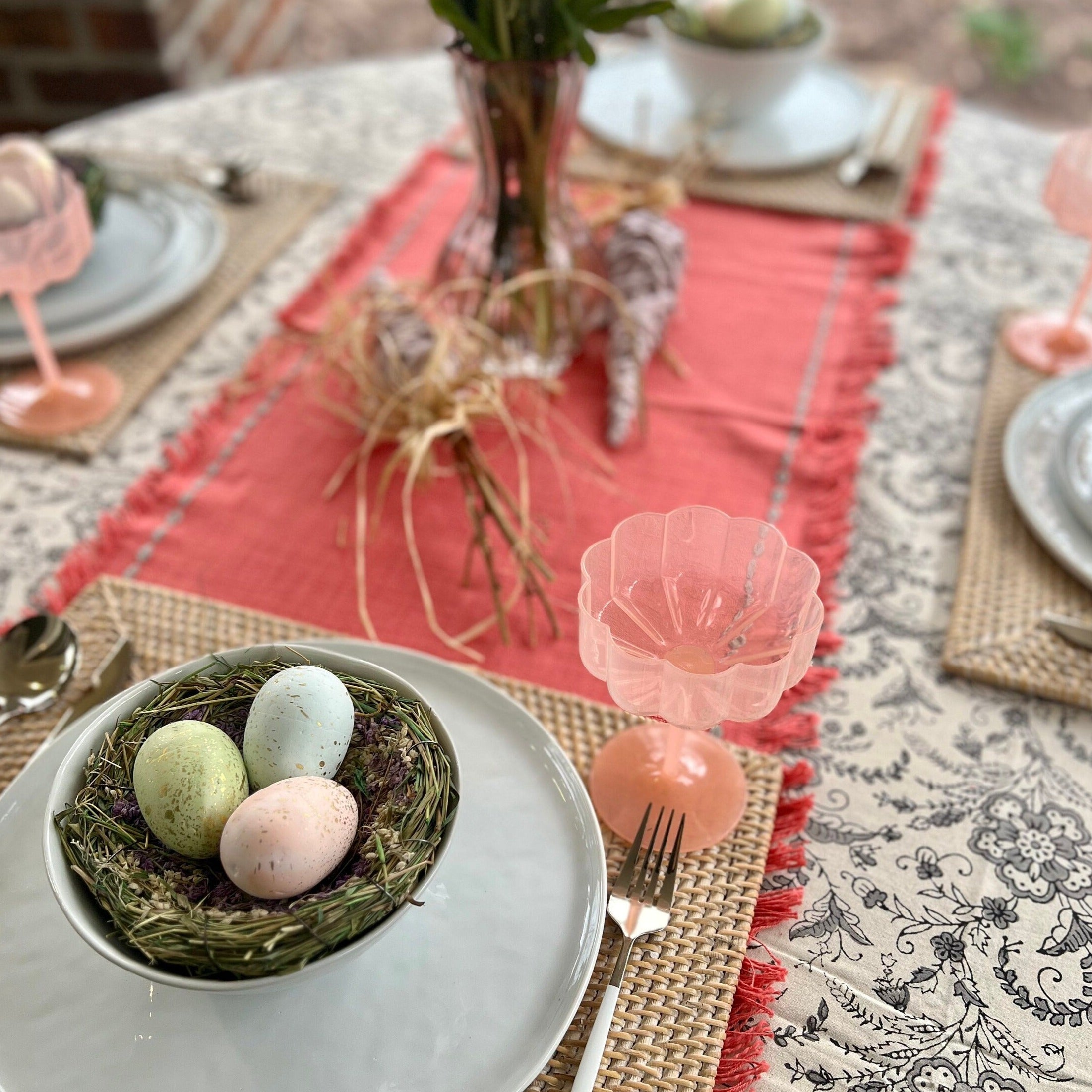 Easter Egg decorations in green, blue, and pink with gold speckles