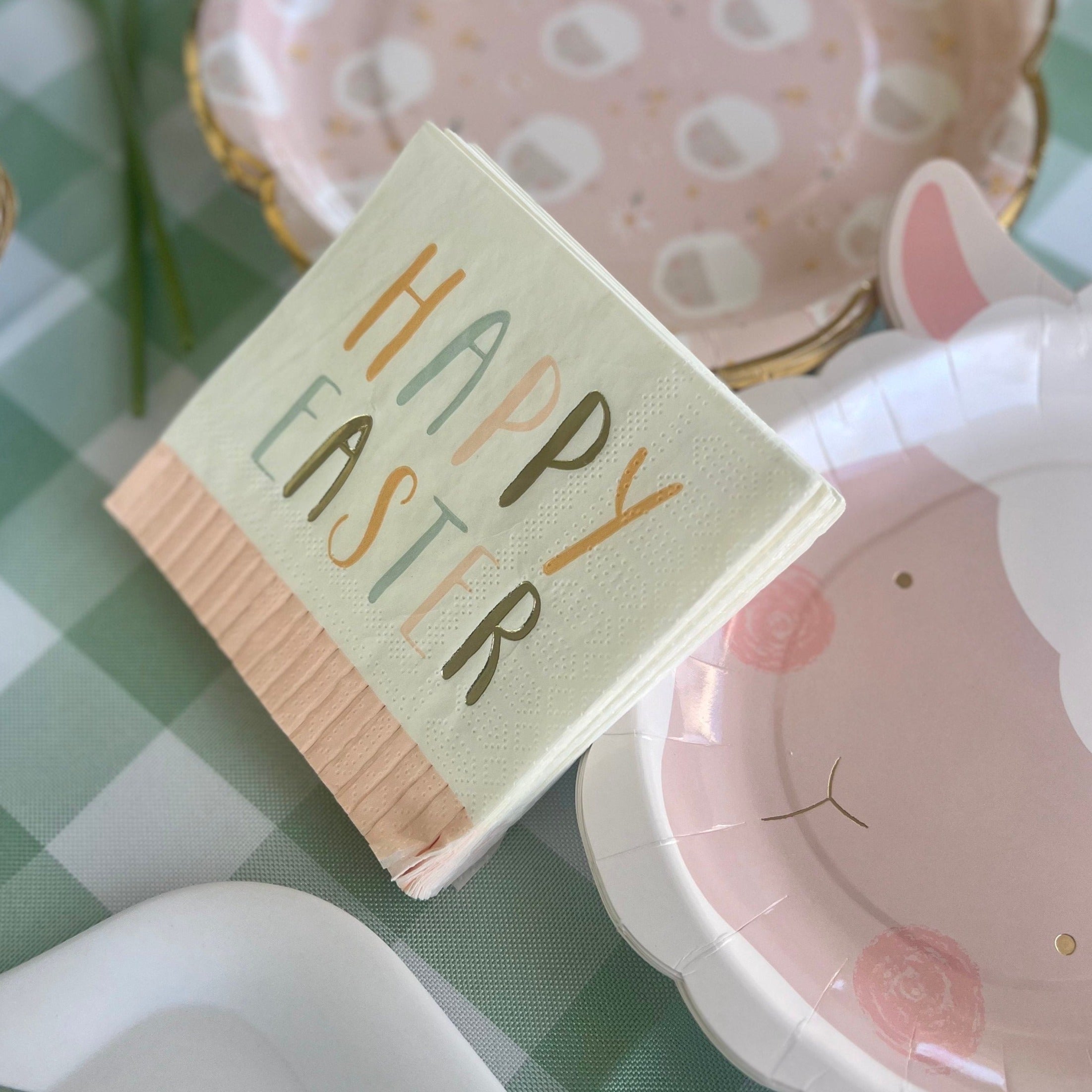 Happy Easter Napkins with pink pastel fringe.