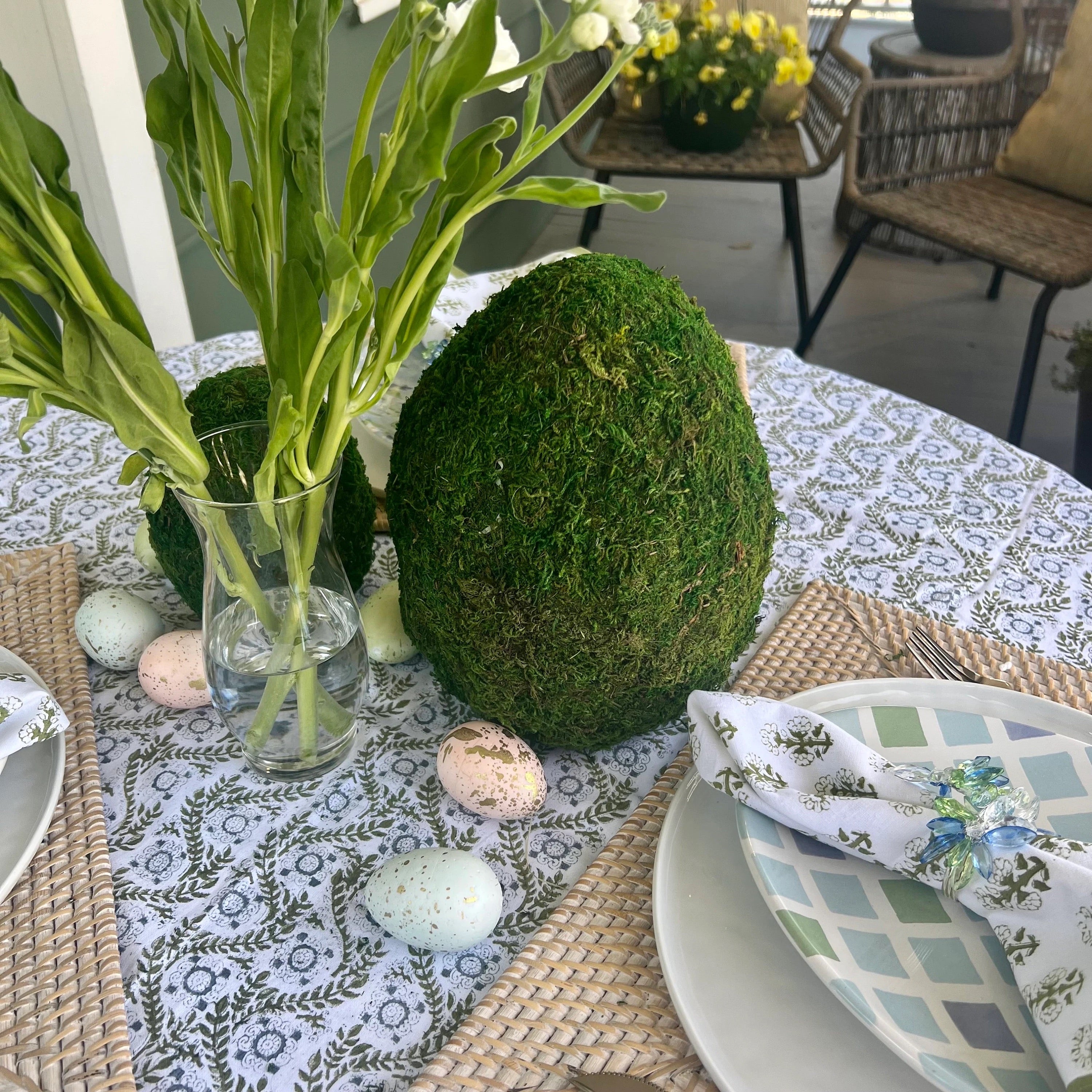 Moss green eggs for spring table decorations or an Easter tablescape.