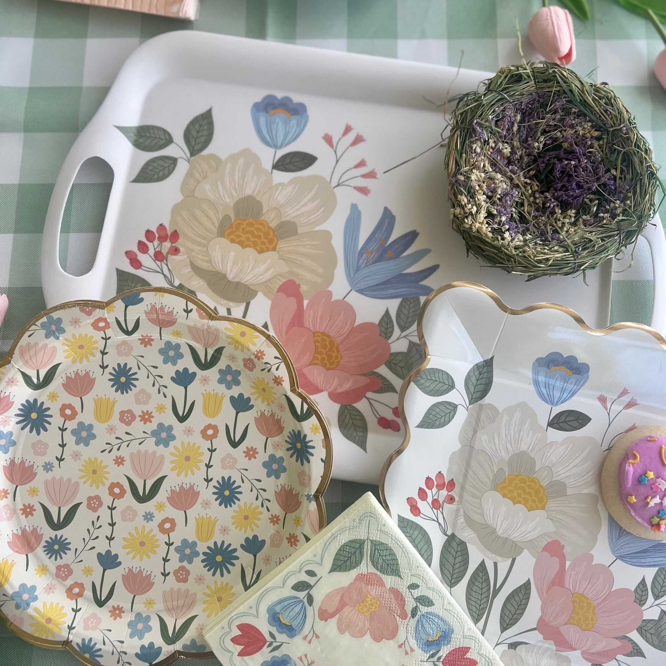 Easter Reusable Serving Tray, Easter Decorative Platter, Easter Tray, Bamboo Tray With Handles, Floral Tray, Floral Platter, Garden Party