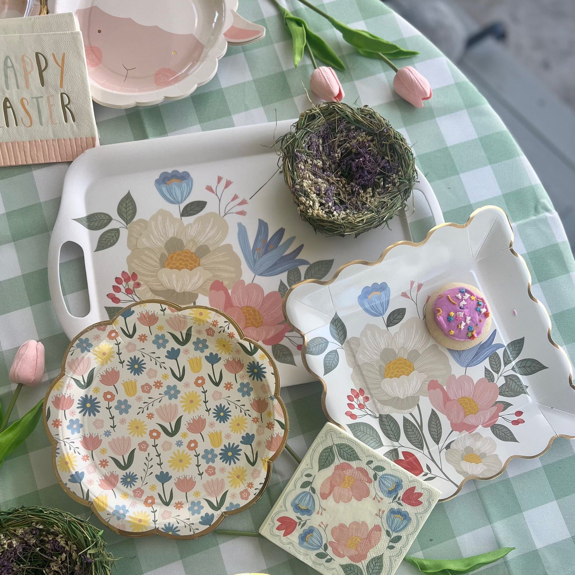 Easter Reusable Serving Tray, Easter Decorative Platter, Easter Tray, Bamboo Tray With Handles, Floral Tray, Floral Platter, Garden Party
