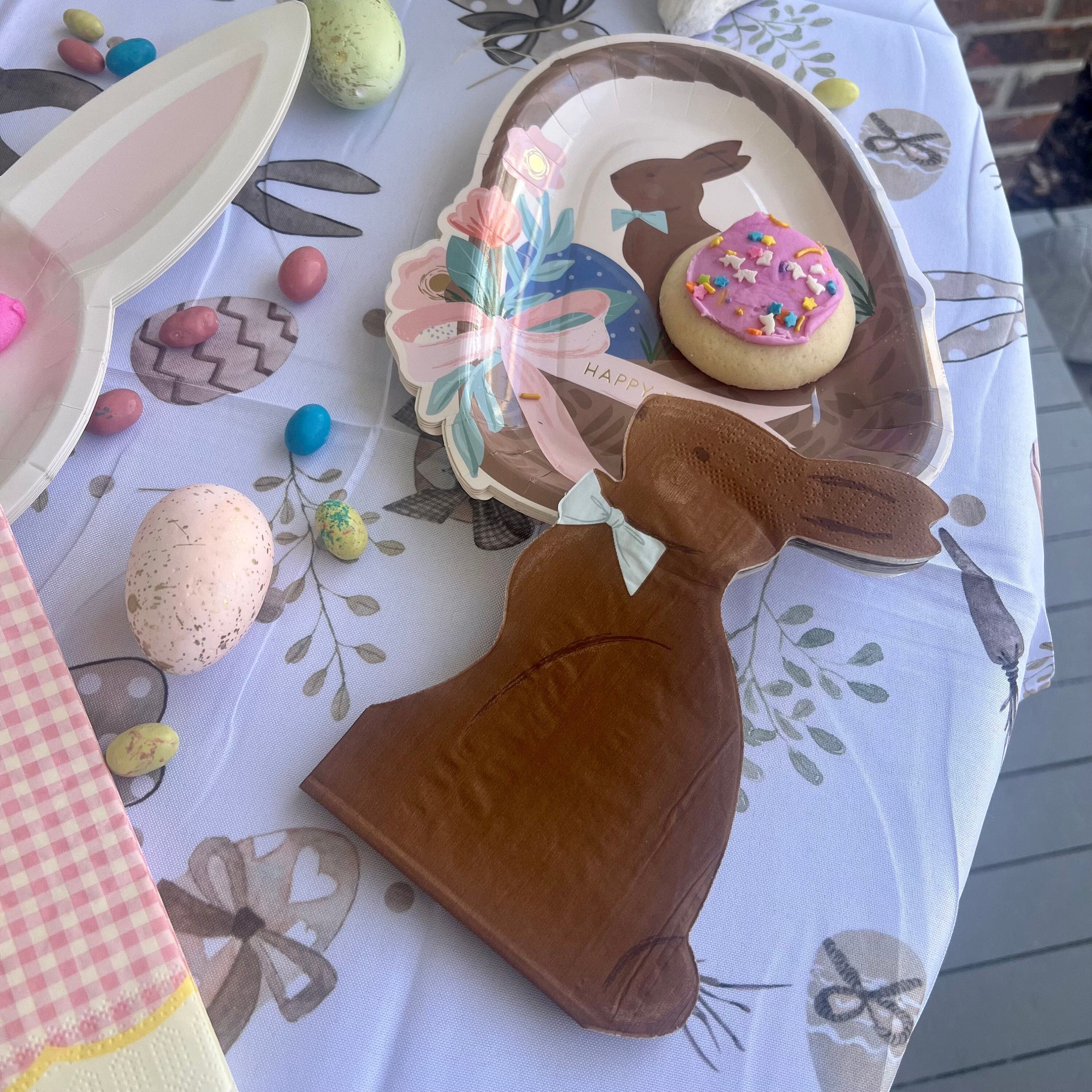 A chocolate bunny shaped paper easter napkins with a cute bow tie - perfect for an easter party or an easter brunch.