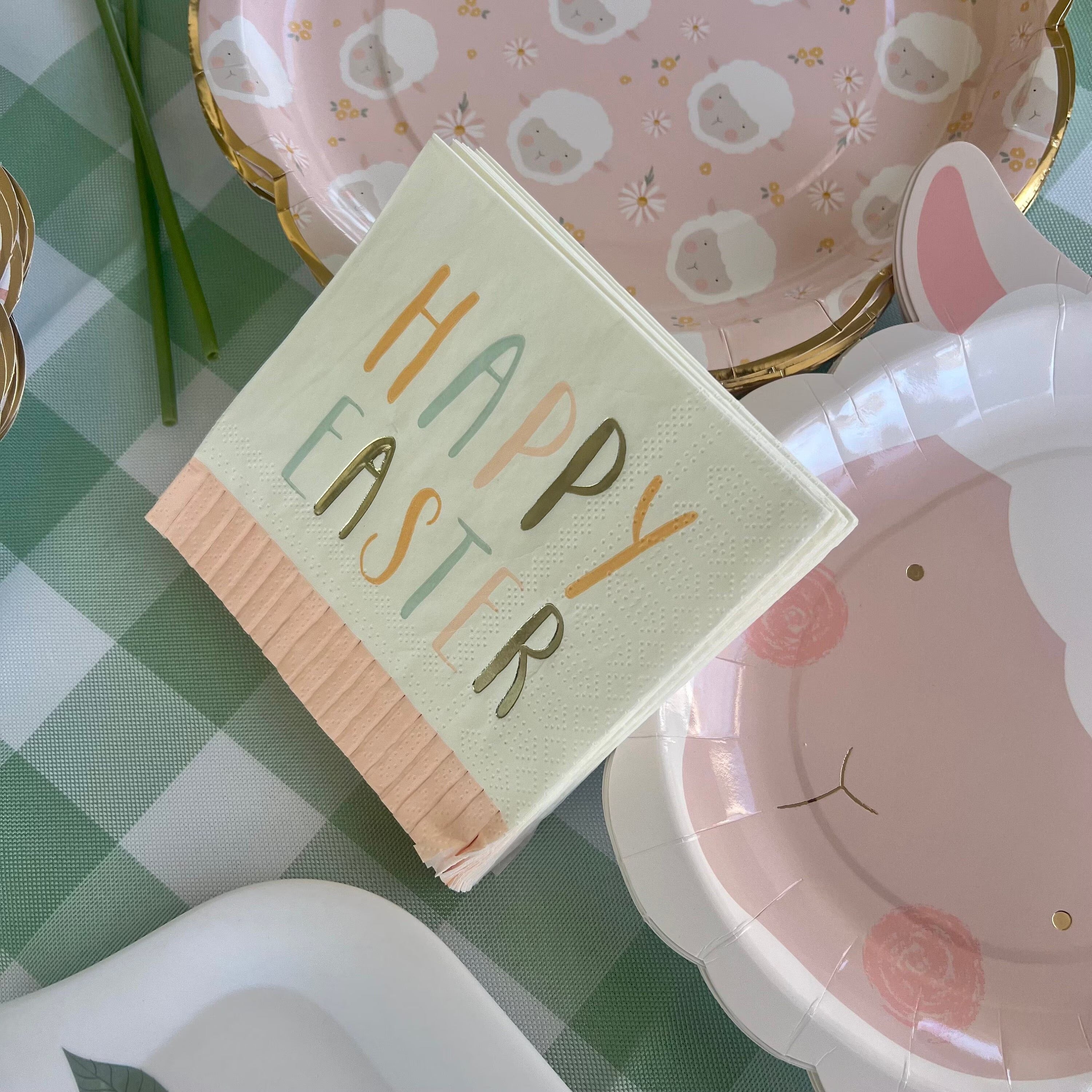 Happy Easter Napkins with pink pastel fringe.