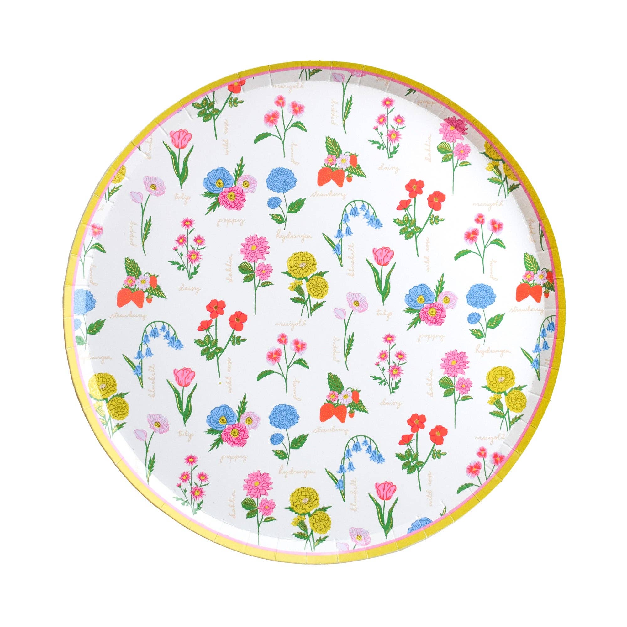 Round floral dinner plate with colorful spring flowers and yellow rim on white background