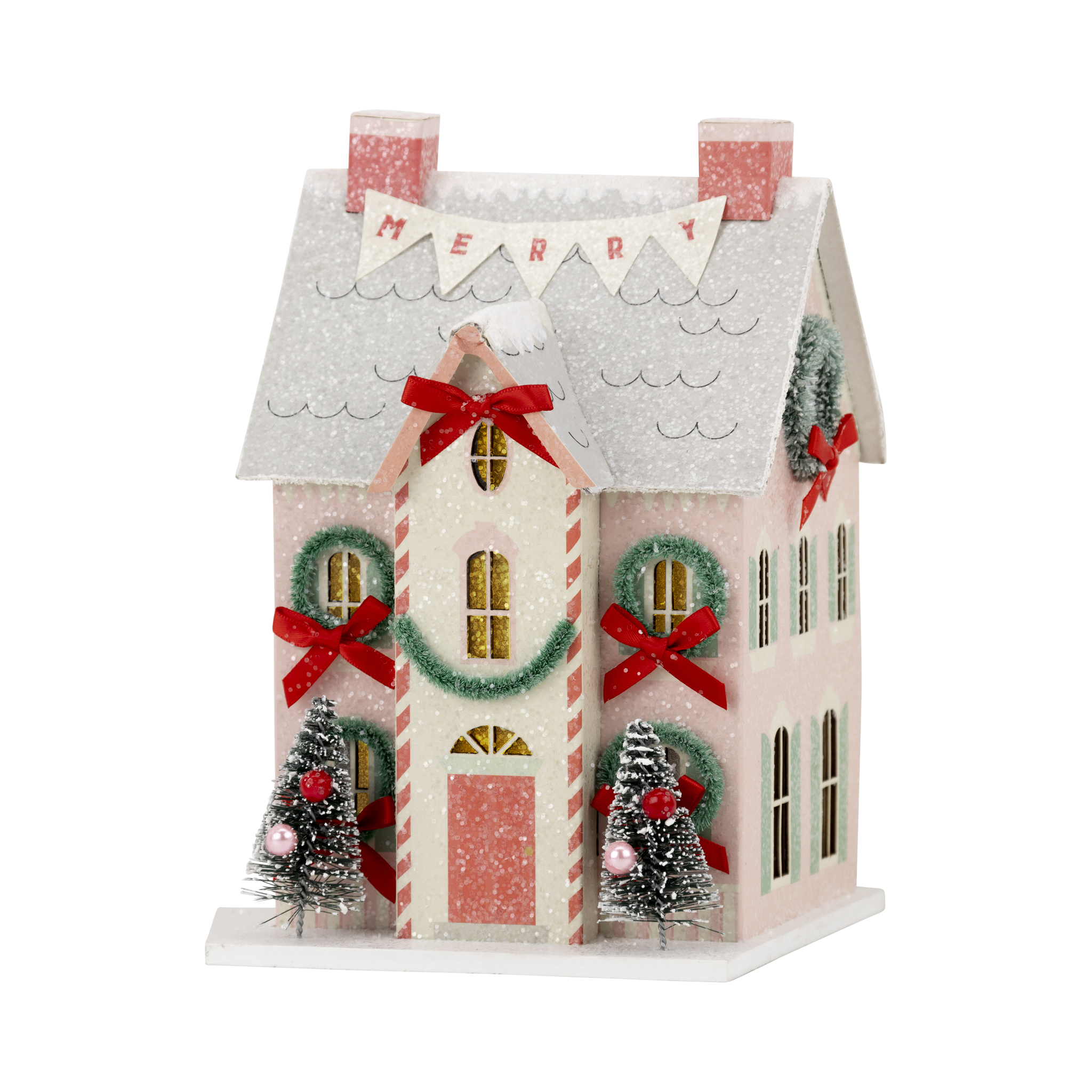 Close-up of the lighted Christmas village house featuring a "MERRY" banner and red bows, perfect for retro Christmas decor.