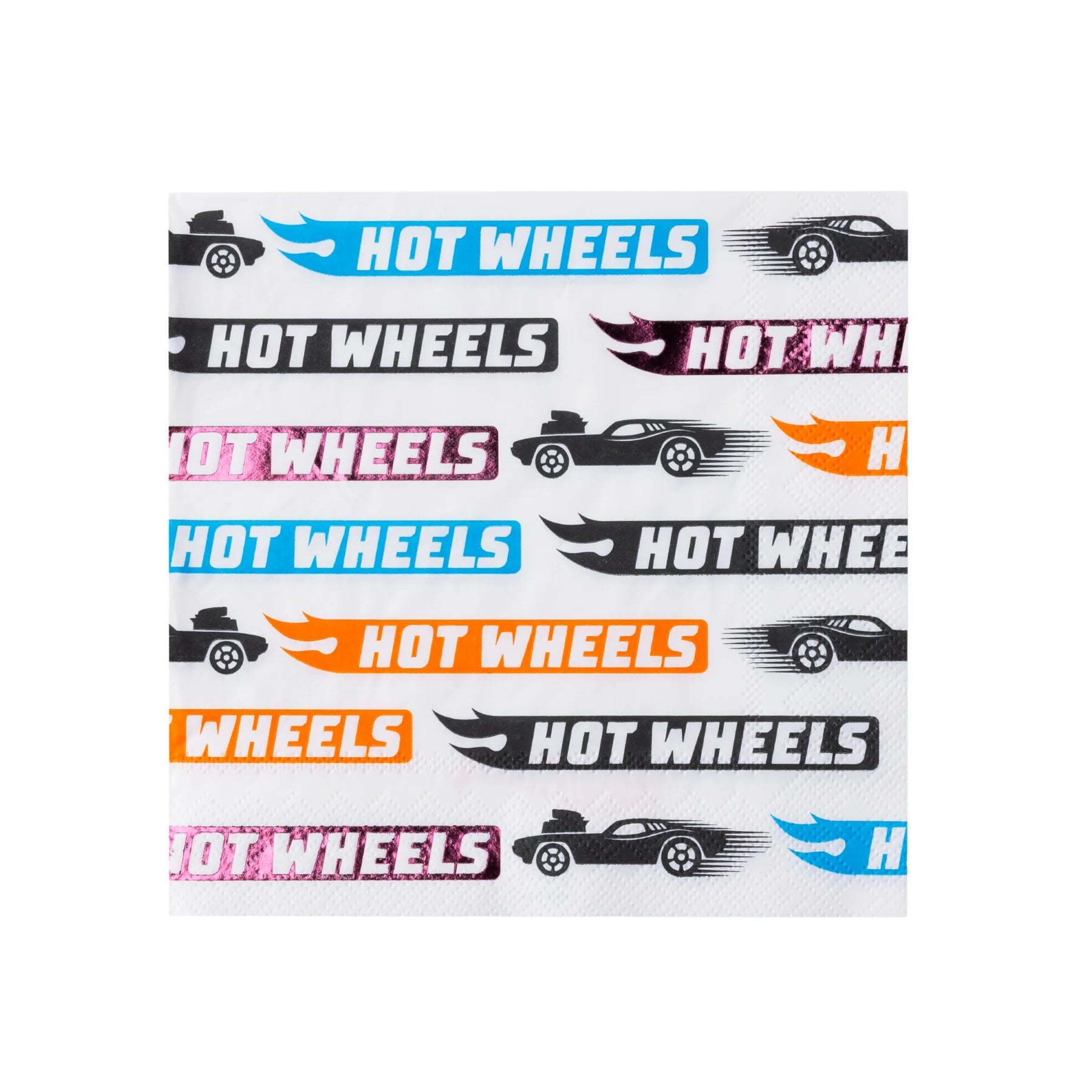Isolated view of the hot wheels party napkins showing the repeat pattern of the logo and race car silhouettes.