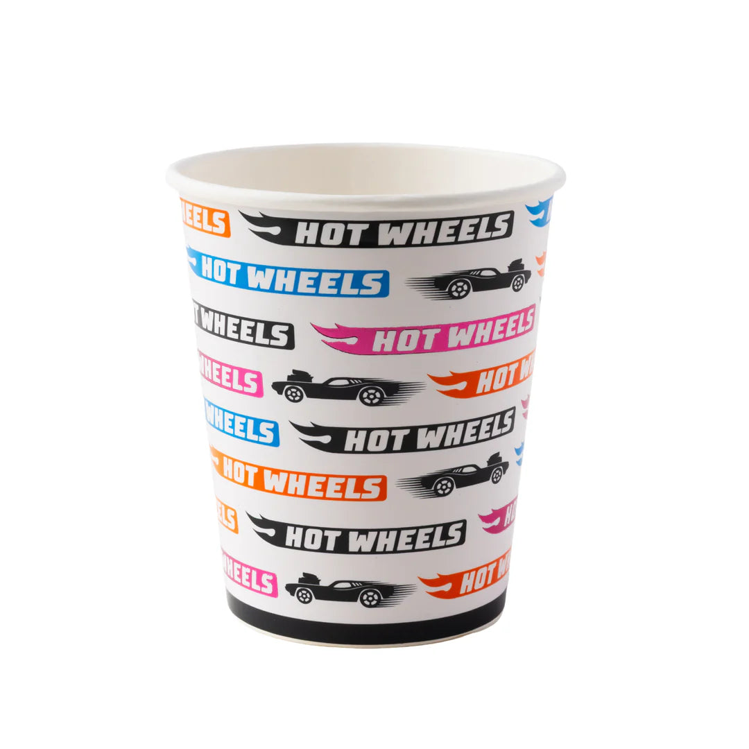Isolated view of a single hot wheels party cup showing the pattern of the official hot wheels logo and race cars.