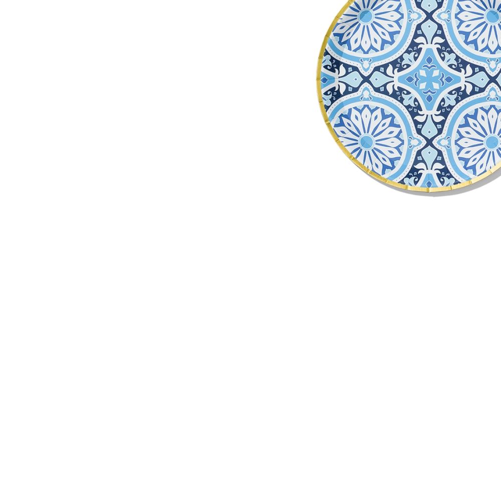 Italian tile inspired blue dessert plate in corner