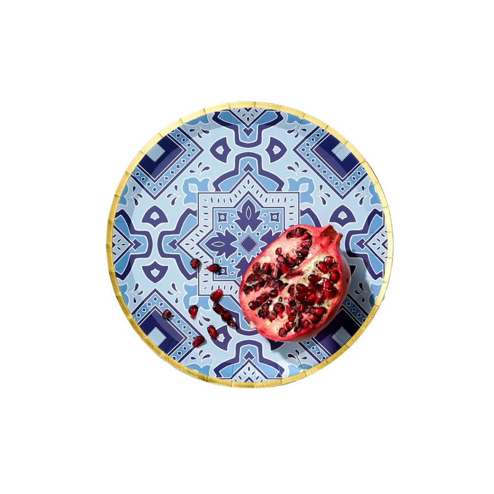 Italian tile inspired blue plate with pomegranate
