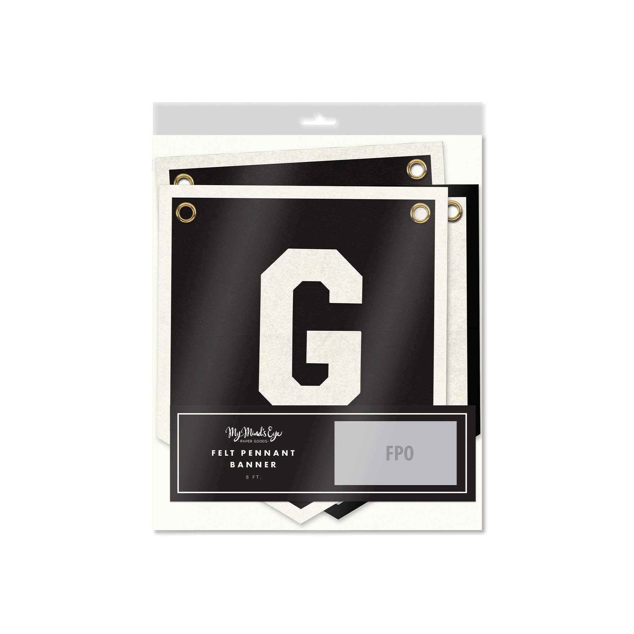 Packaging for an oversized felt grad banner featuring black pennants with white varsity letters.