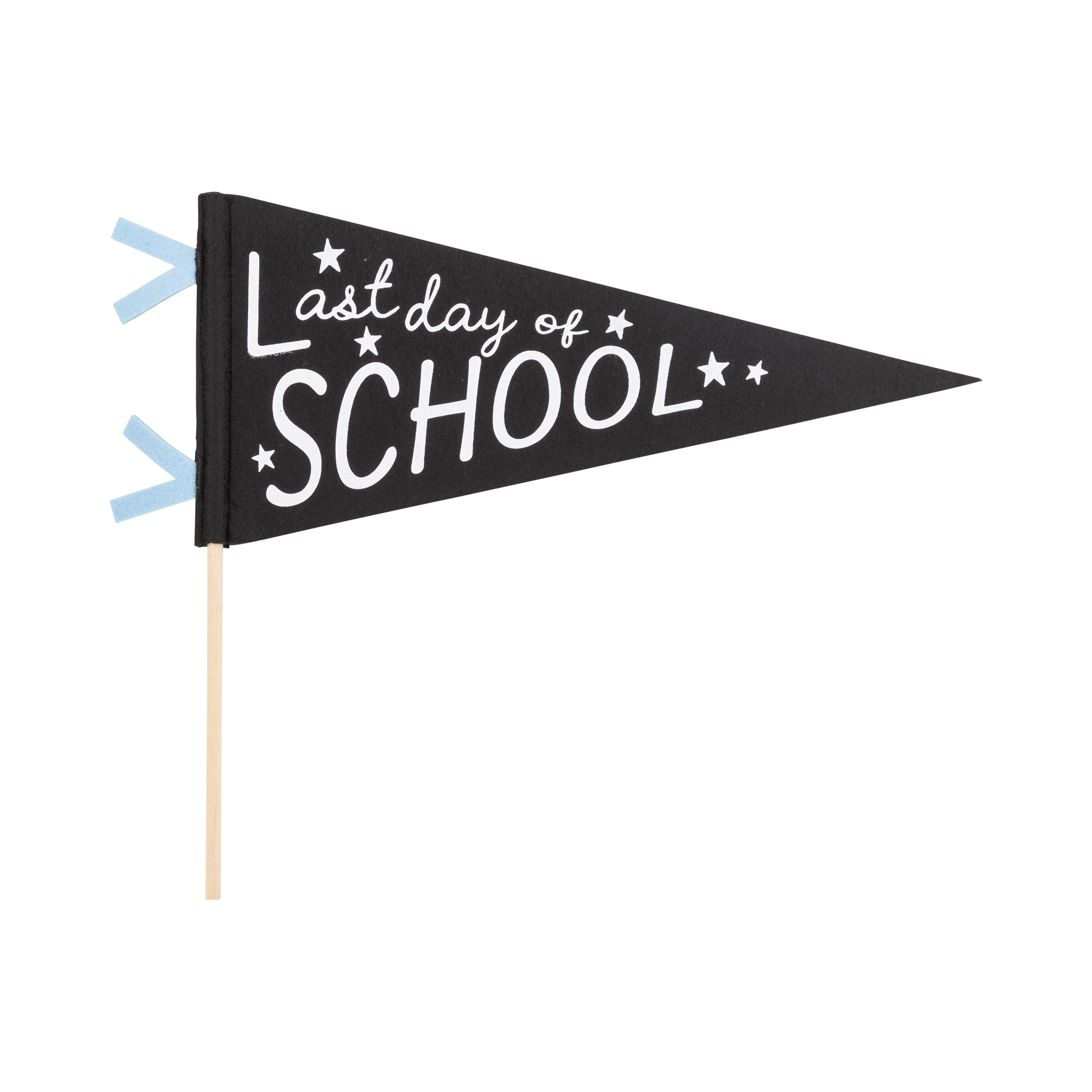 Black Last Day of School felt pennant with cream screen-printed text and stars, blue felt mini flag accents, and wooden dowel