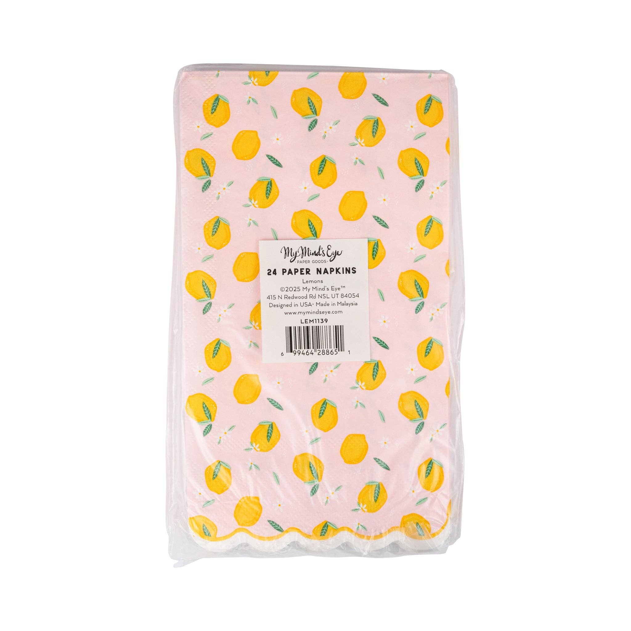 Back view of packaged lemon paper napkins with label
