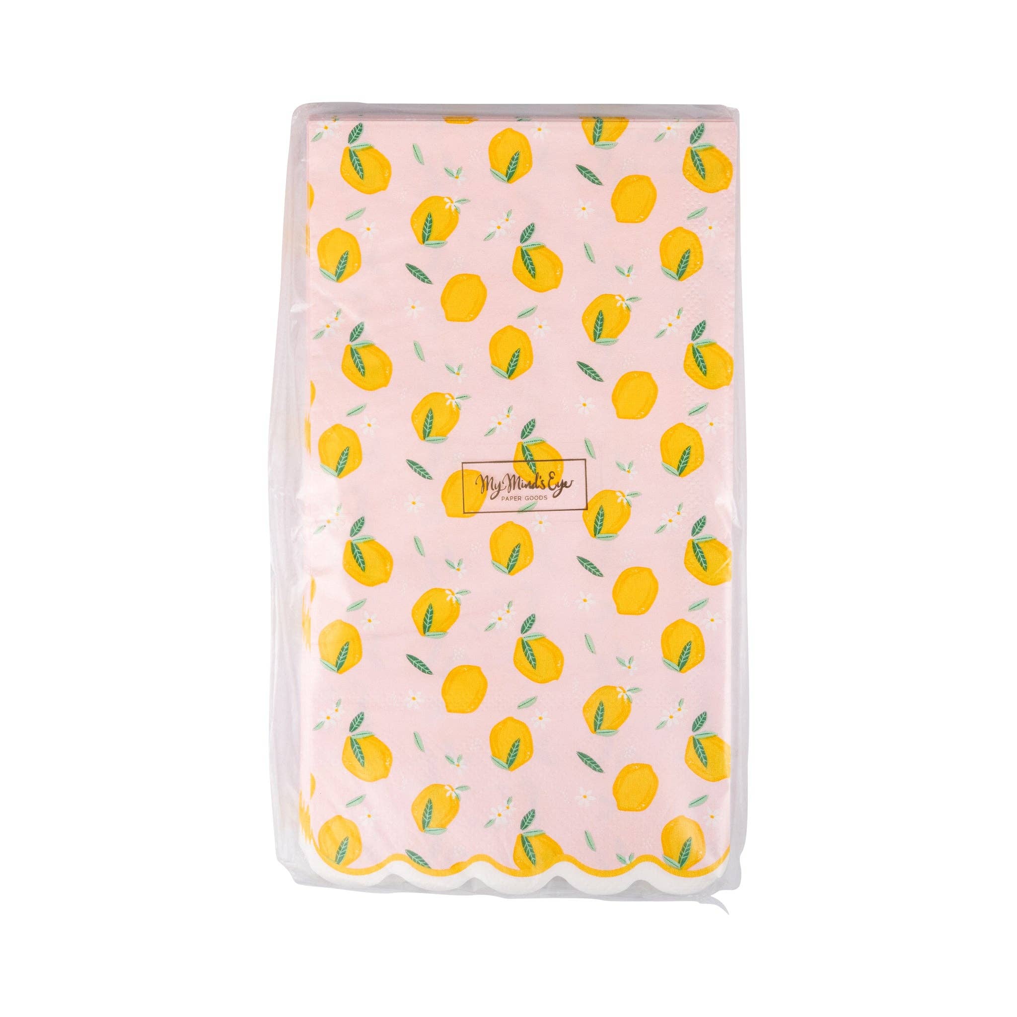 Packaged lemon print dinner napkins front view