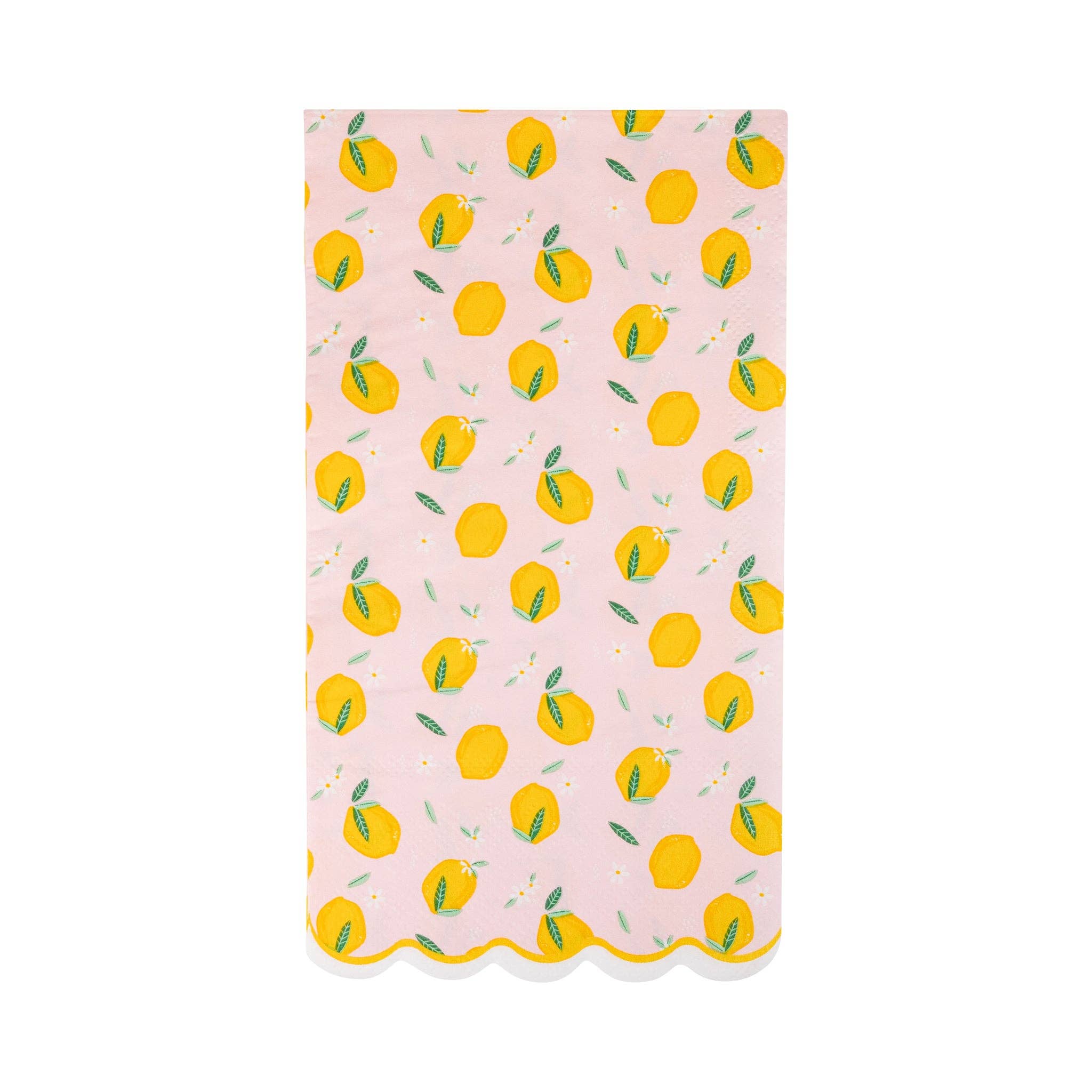 Pink paper napkin with yellow lemon pattern and scalloped edge