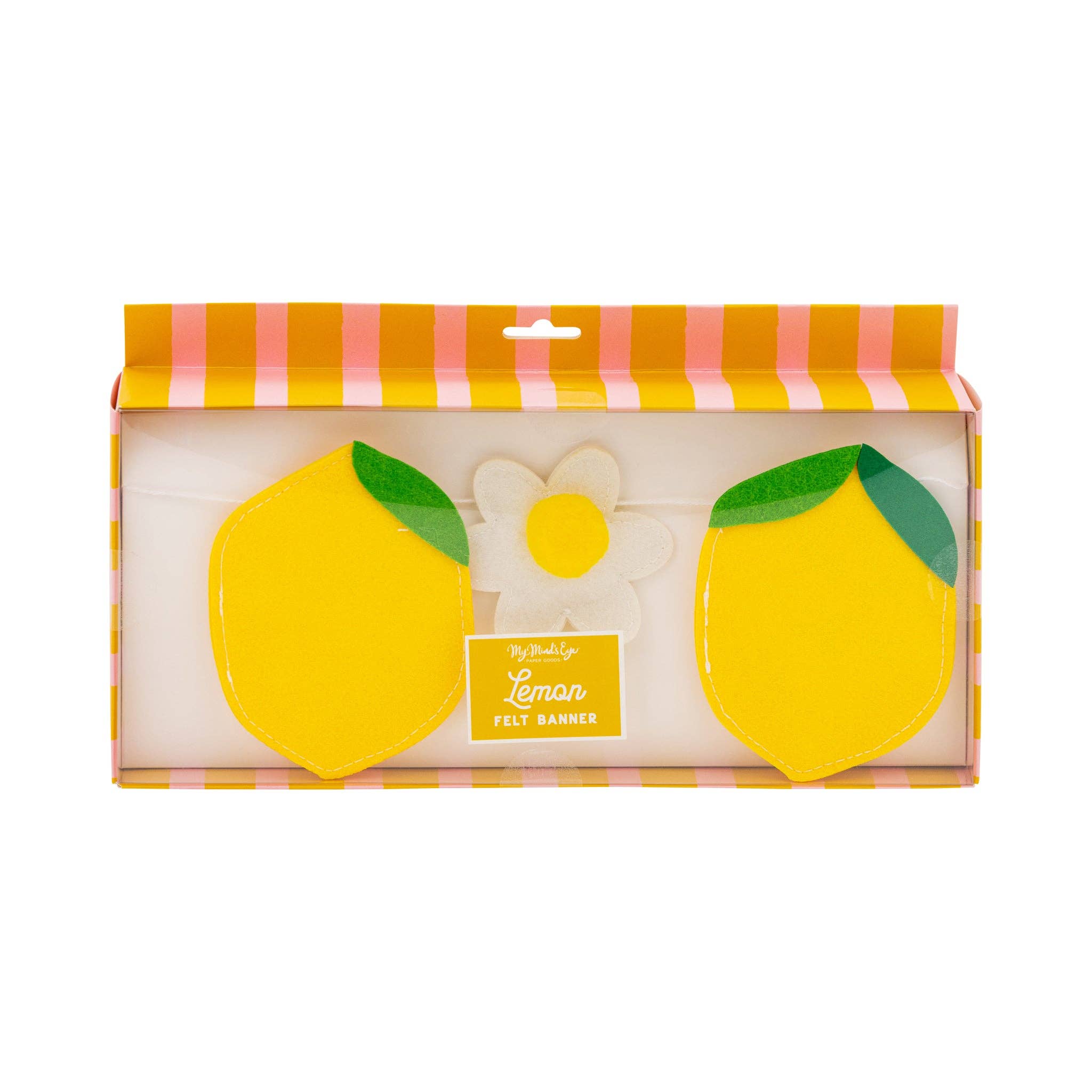 lemon felt banner packaged in box with striped yellow and pink design.