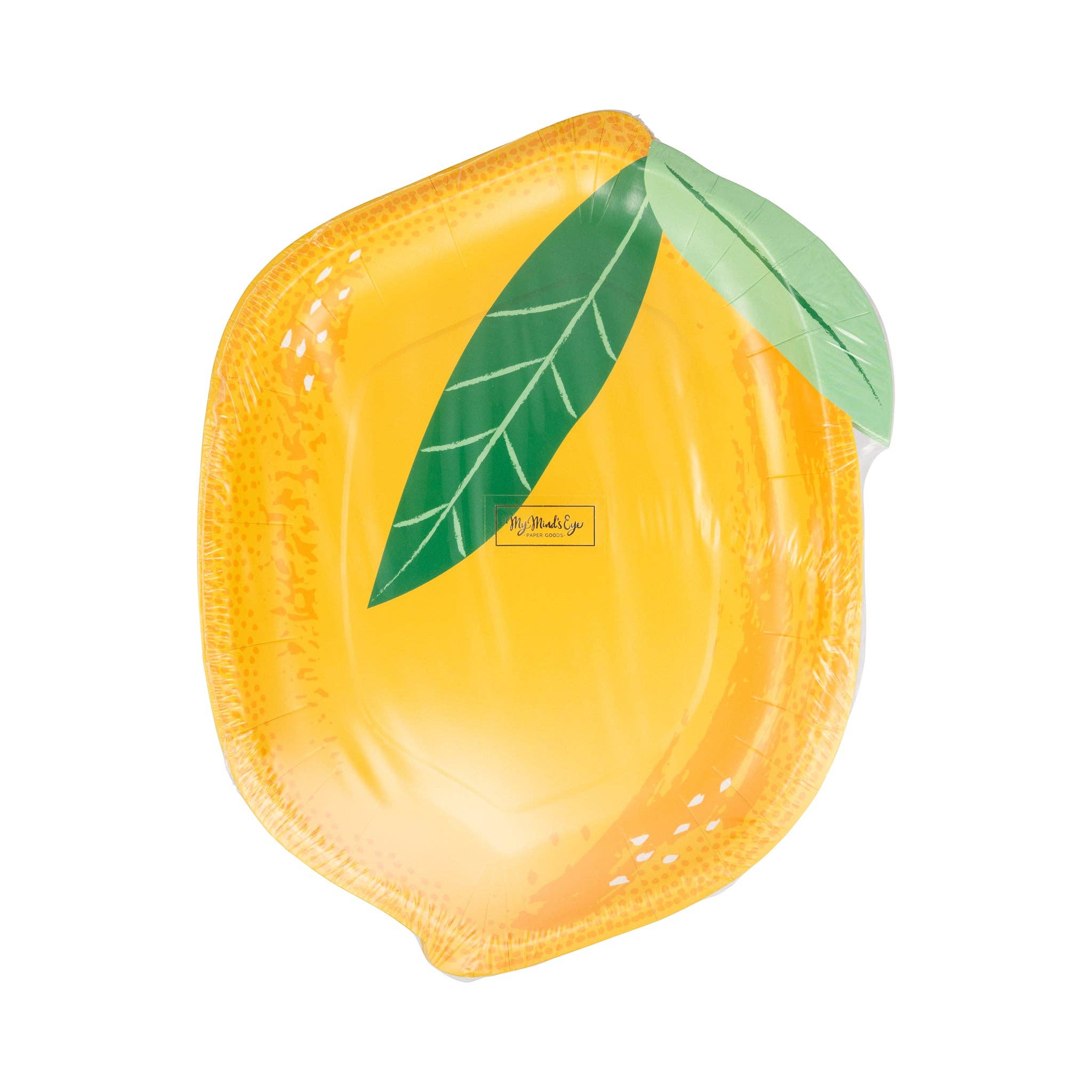 Packaged lemon shaped paper plates front view