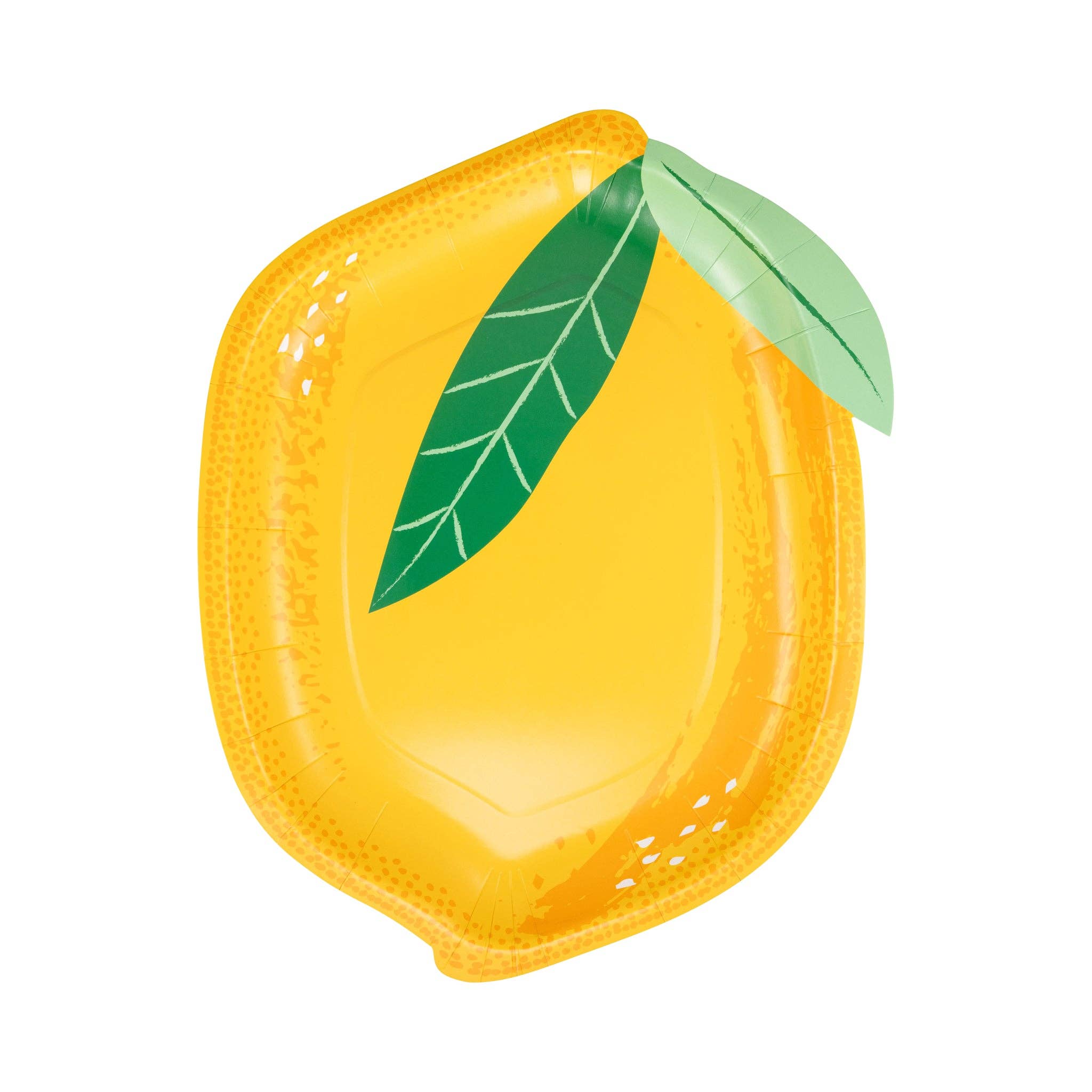 Lemon shaped yellow paper plate with green leaf detail