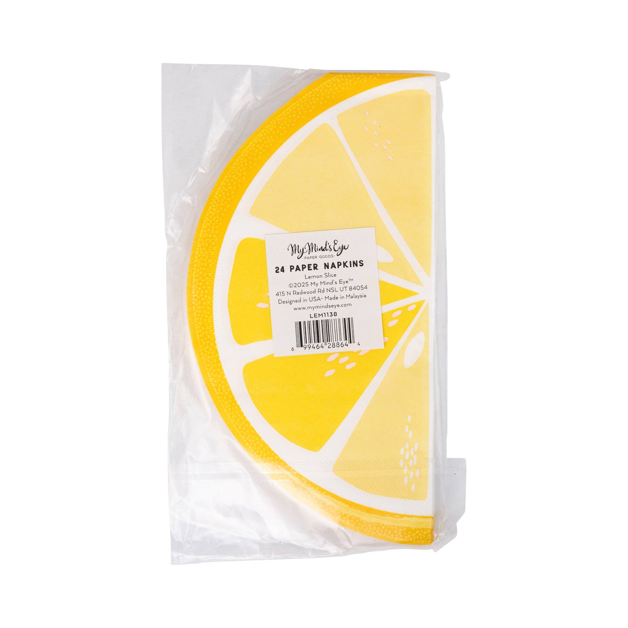Packaged lemon slice napkins in clear plastic wrap front view