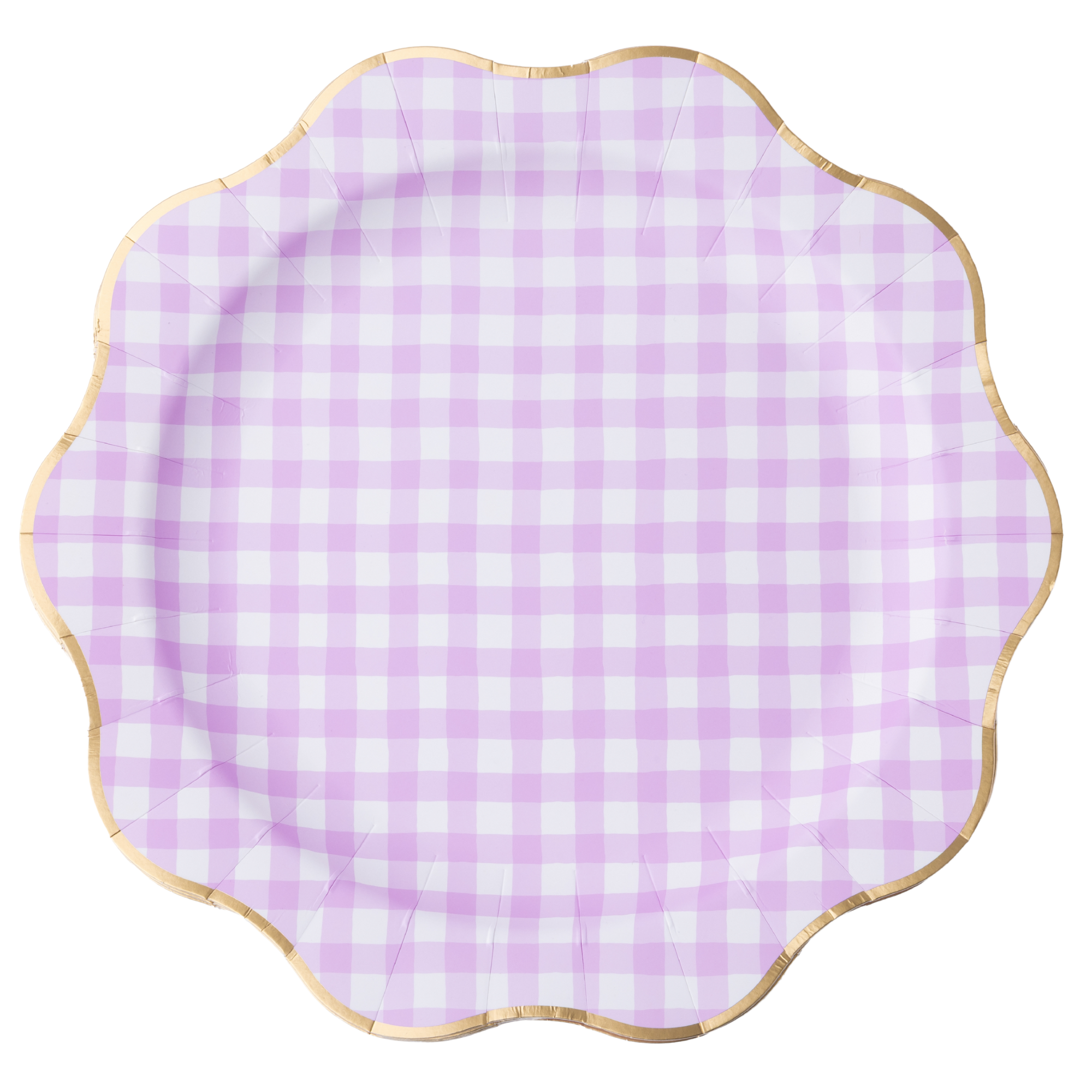 Lilac gingham dinner plate with gold foil rim and scalloped edge